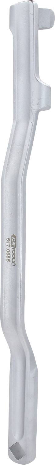 Silberglänzendes, leicht gebogenes Werkzeug aus Metall, etwa 25 cm lang, mit einer rechteckigen Öffnung und seitlichem Haken.