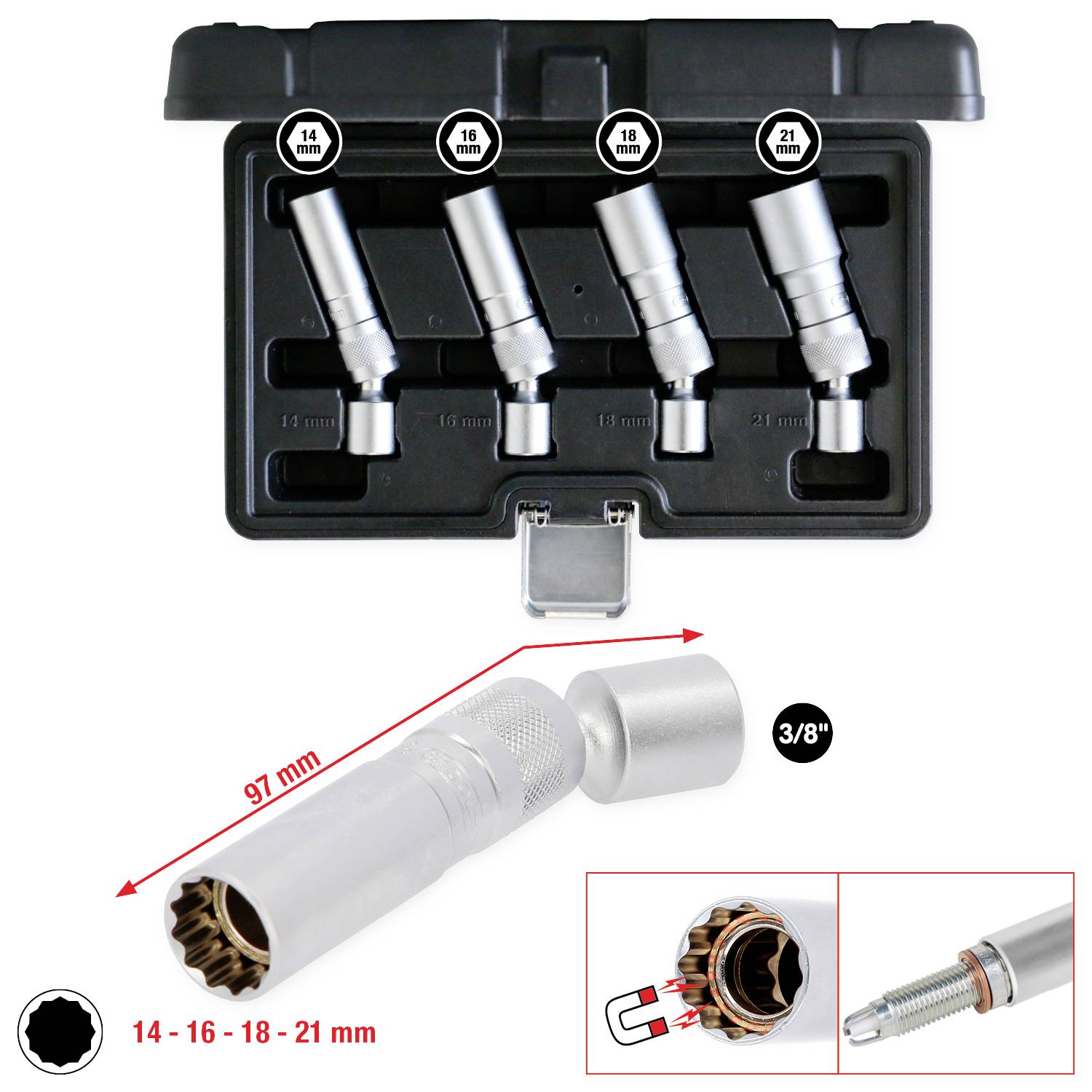 'Satz von vier Stecknüssen (14, 16, 18, 21 mm) in einer Box. Detailansicht zeigt einen 97 mm langen 3/8