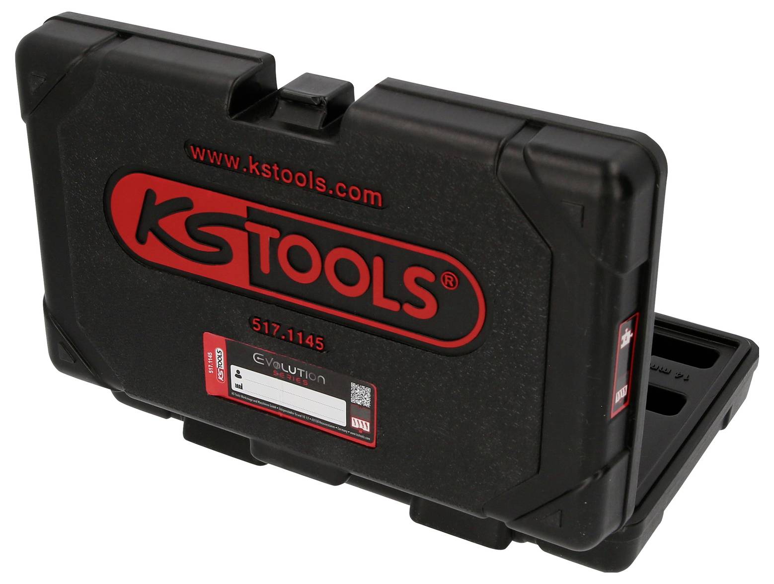 Schwarze Werkzeugkoffer mit rotem Logo 'KS TOOLS' und Produktnummer '517.1145', teilweise geöffnet, zeigt Einsatzfächer innen.
