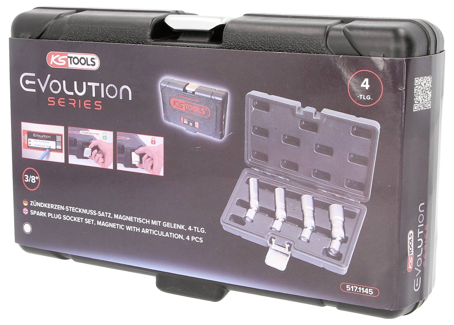 'Zündkerzen-Sticknuss-Set, Evolution Series, 4-teilig, mit Magnet und Gelenk. Für Zündkerzenwechsel, 3/8