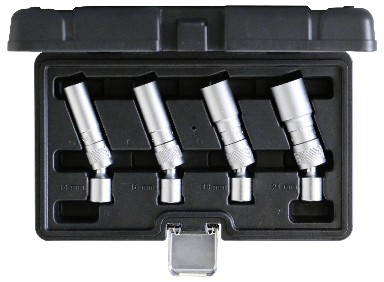 Ein Satz Stecknüsse in einem schwarzen Kasten, angeordnet in der Größe 14 mm bis 21 mm.