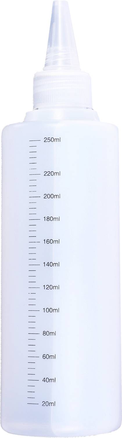 Transparente Plastikflasche mit Messmarkierungen in Millilitern von 20 bis 250, geeignet zur genauen Flüssigkeitsabgabe.