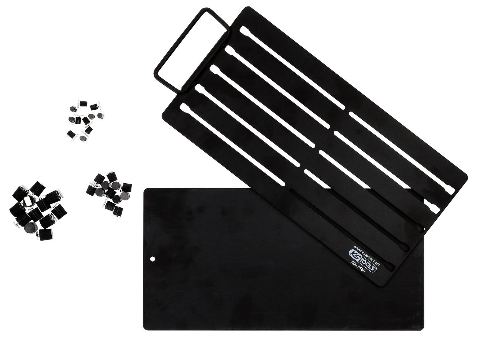 Metallplatte mit Griff, daneben kleine magnetische Quadrate. Verwendet für Modellbau oder Warenpräsentation.