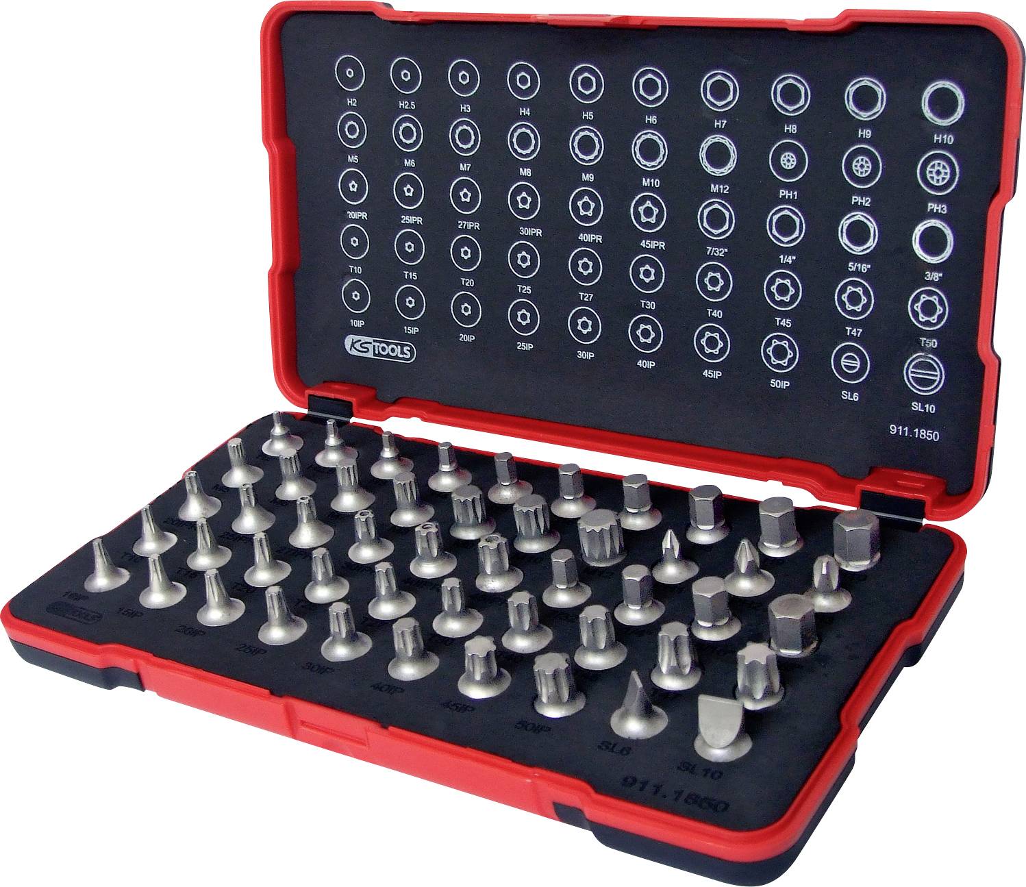 Offene Box mit 60 Schraubendrehereinsätzen in verschiedenen Formen und Größen, geordnet in einem Schaumstoff-Inlay. Ideal für Werkstattarbeiten.