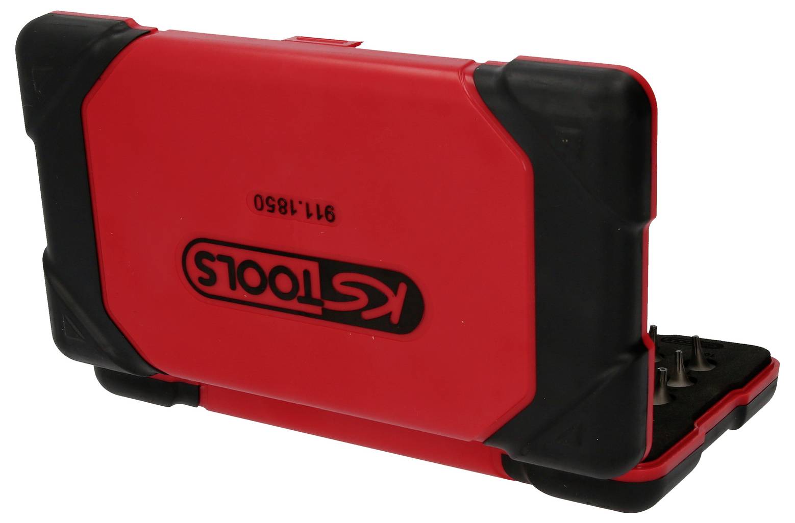 Ein rot-schwarzer Werkzeugkasten von KS Tools mit geöffnetem Deckel zeigt ein paar Werkzeuge im Inneren.
