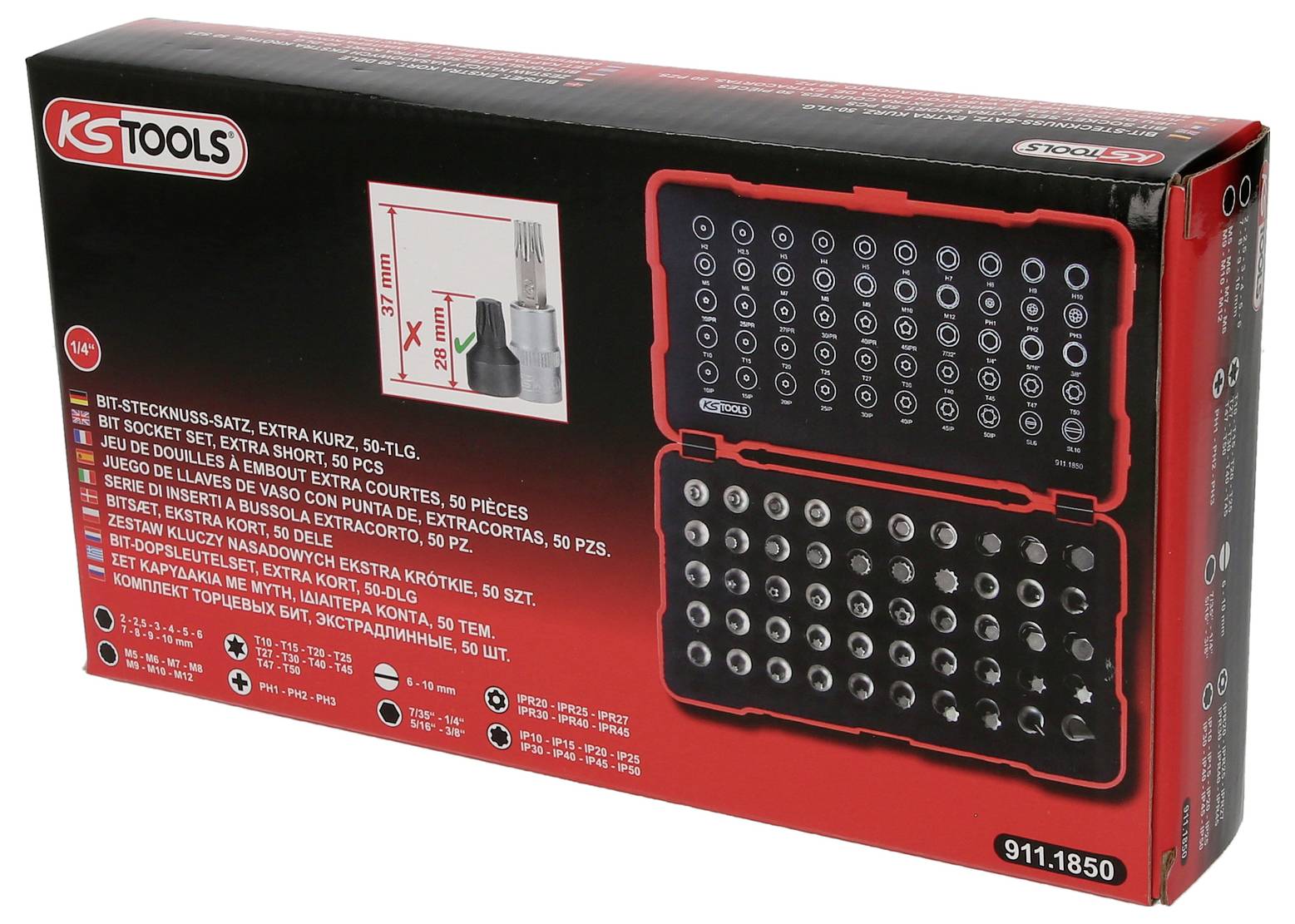 Ein Set von 50 kurzen Bit-Einsätzen in einer roten und schwarzen Box. Die Verpackung zeigt eine Maßskizze der Bits.
