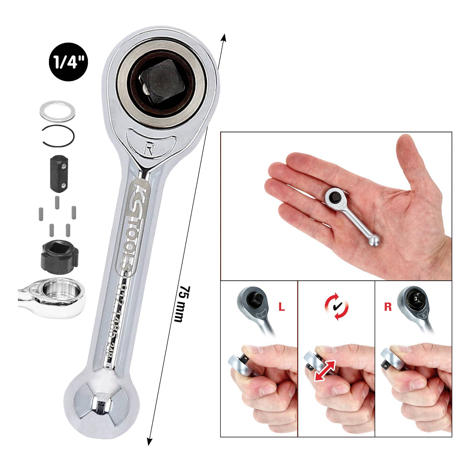 '1/4 Zoll' Ratsche mit einem Pfeil, der die Rechtsdrehung anzeigt. Detailbilder einer Hand mit der Ratsche, L- und R-Drehrichtung.