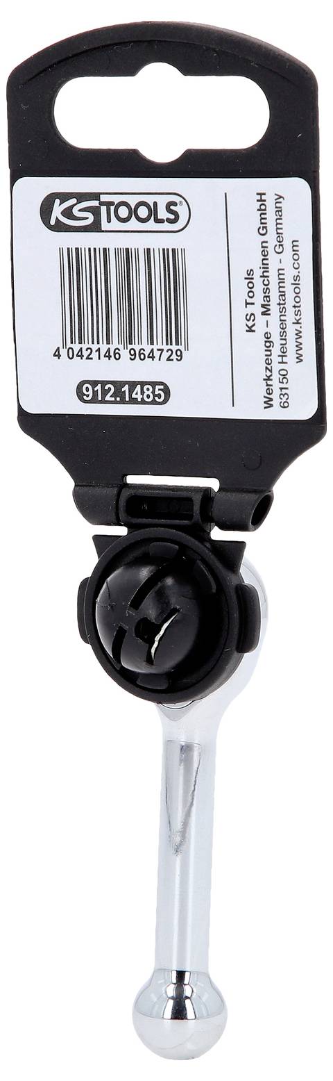 Ein kompakter Drehmomentratschenschlüssel von KS Tools, abgebildet in der Originalverpackung mit Barcode und Produktspezifikationen.