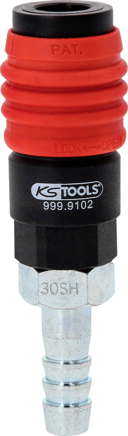'KG Tools' Schnellkupplung mit roter und schwarzer Ummantelung, Metallanschluss unten. Modellnummer '999.9102' sichtbar.