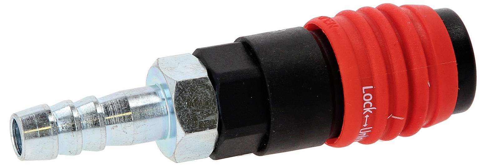 Ein Metallsteckverbinder mit rotem Gummigriff, geeignet für Druckluftsysteme, dargestellt auf weißem Hintergrund.