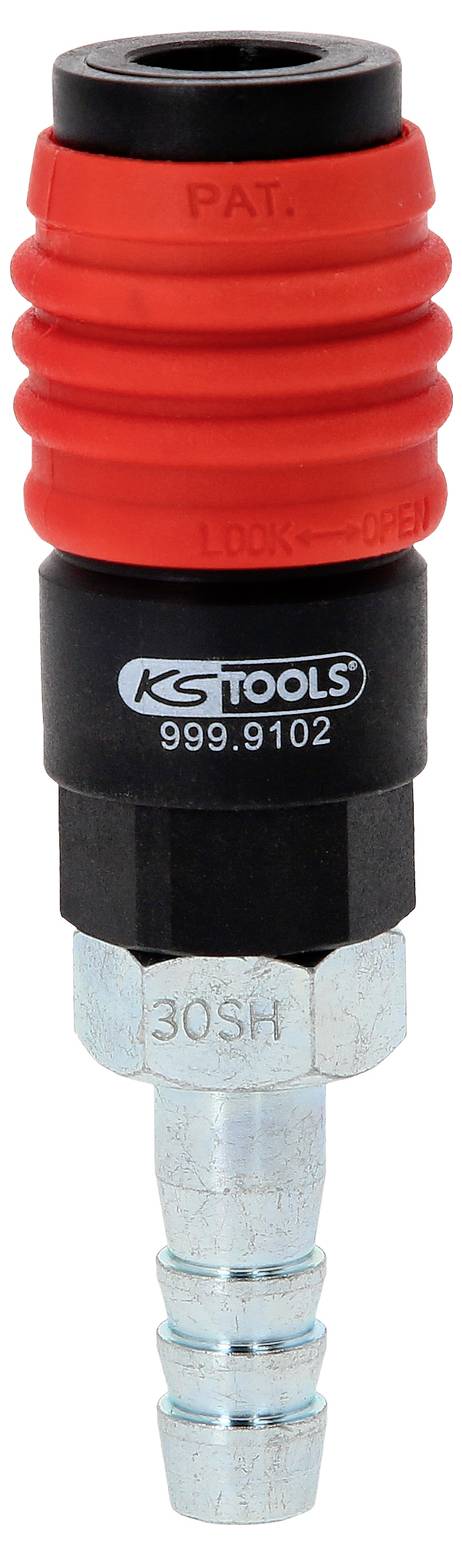 Ein Stecknippel mit rotem und schwarzem Gehäuse, Metallanschluss unten. Aufschrift: 'KS TOOLS 999.9102' und '30SH'.