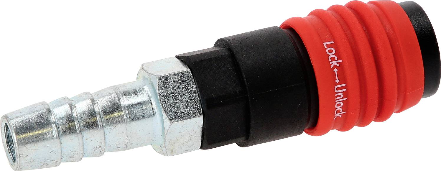 Ein roter und schwarzer Schnellverschlussadapter mit Metallanschluss, beschriftet mit 'Lock' und 'Unlock', zeigt Verriegelungsposition.