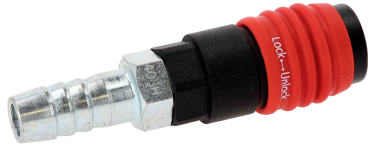 Ein Schnellkupplungsadapter aus Metall und rotem Kunststoff mit der Aufschrift 'Lock - Unlock', verwendet für Druckluftverbindungen.