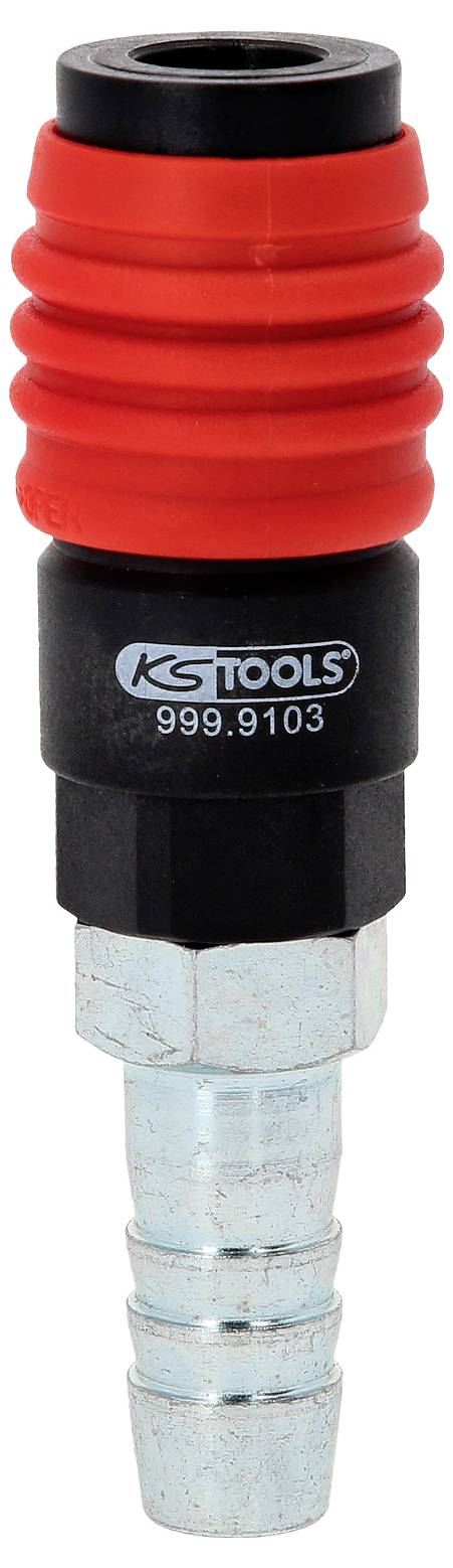 Ein Druckluftstecker der Marke KS Tools mit rotem Gummigriff und verchromtem Anschluss. Modelnummer: 999.9103.