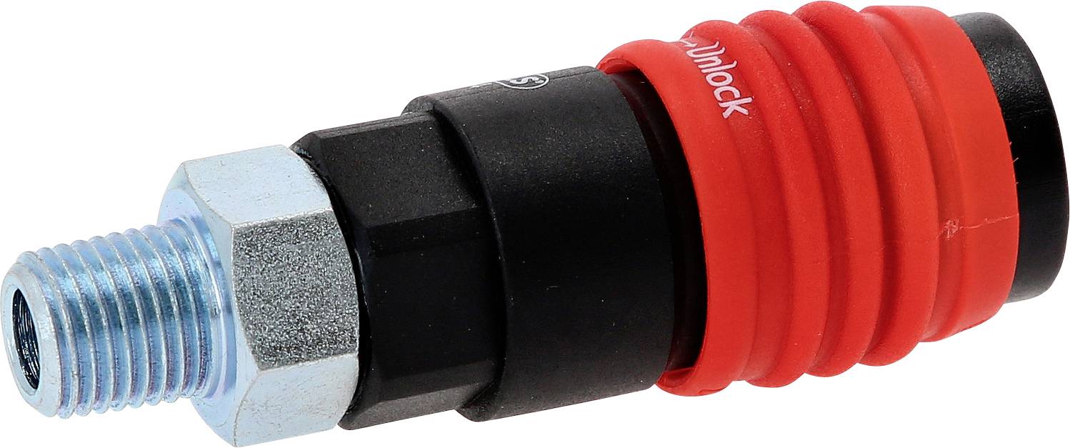 Ein pneumatischer Schnellverschlussstecker mit rotem Gummiring und blauem Metallgewinde auf weißem Hintergrund.