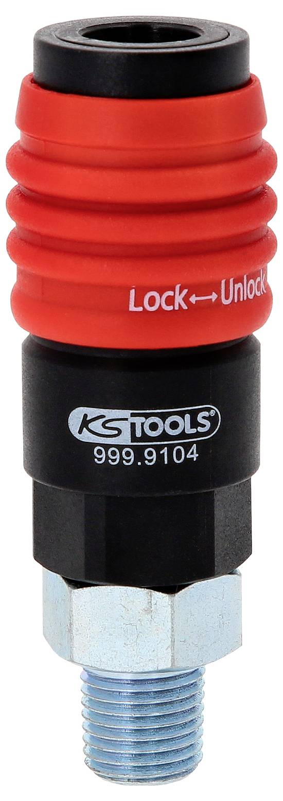 Ein rot-schwarzer Adapter von KS Tools mit der Aufschrift 'Lock ← Unlock' und der Produktnummer '999.9104'.