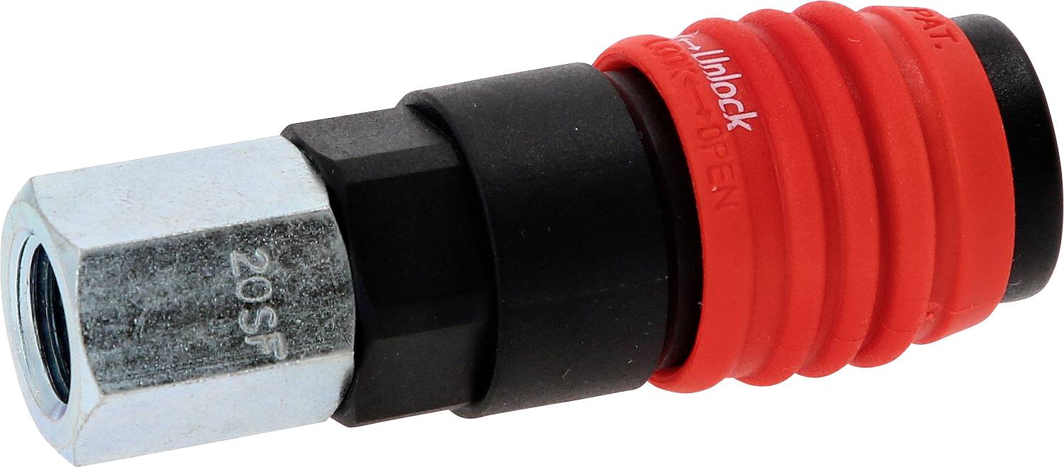 Roter und schwarzer Schnellverschluss-Adapter aus Metall, verwendet für den Anschluss von Schläuchen oder Rohren in Druckluftsystemen.