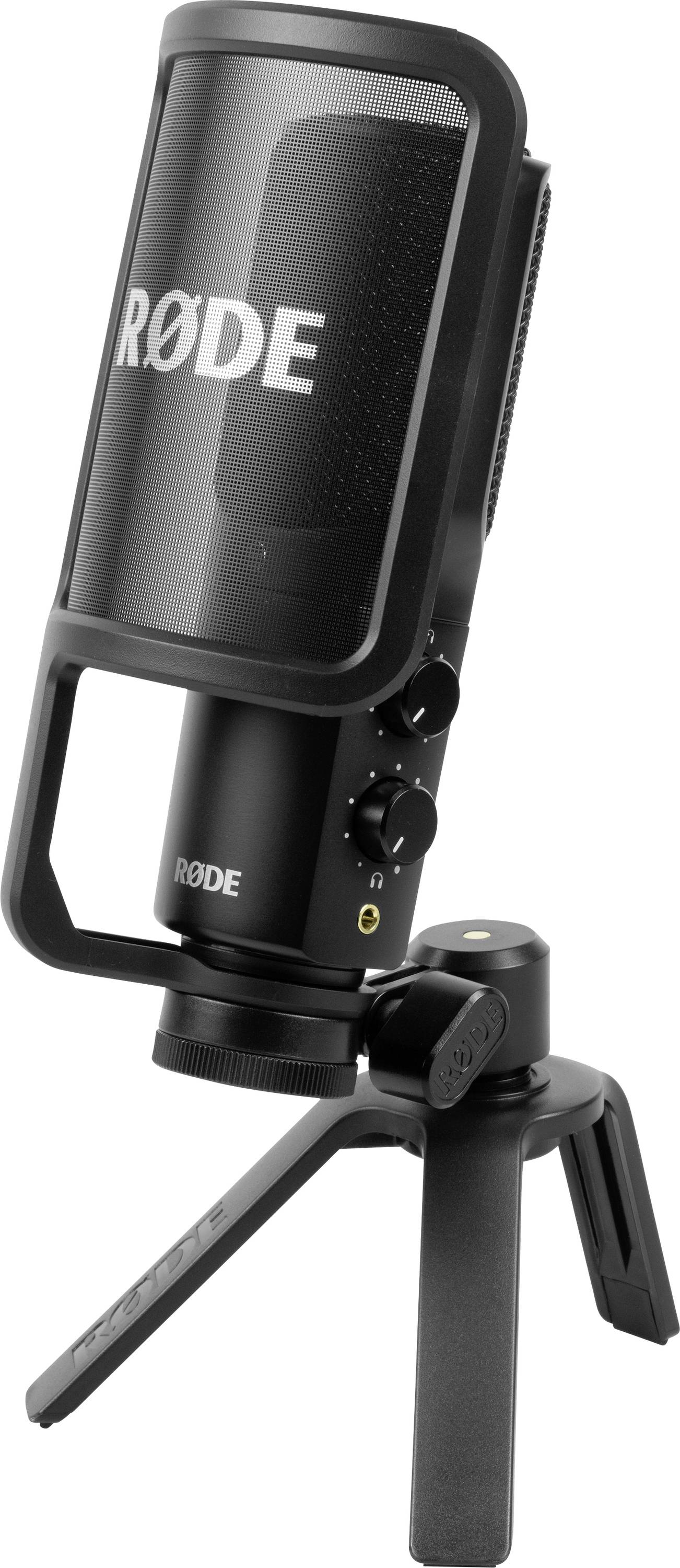 Ein schwarzes RØDE Mikrofon auf einem Tischständer, ideal für Audioaufnahmen in Studioqualität.