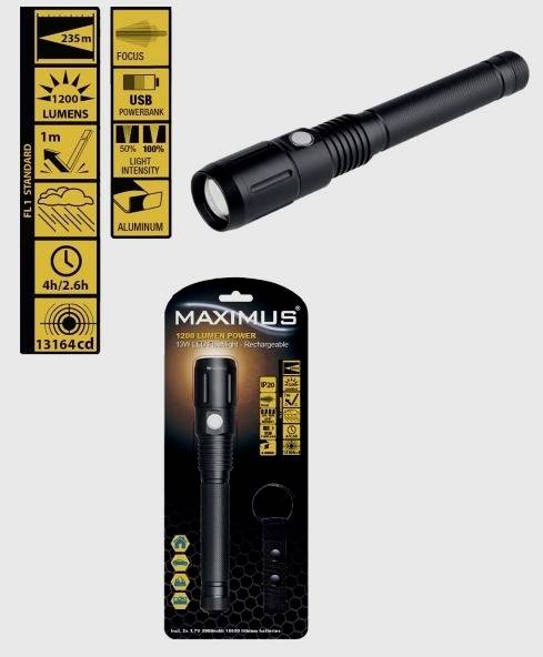 Maximus M-FL-006B-BL-H LED Taschenlampe mit Gürtelclip, mit USB-Schnittstelle akkubetrieben 1200lm