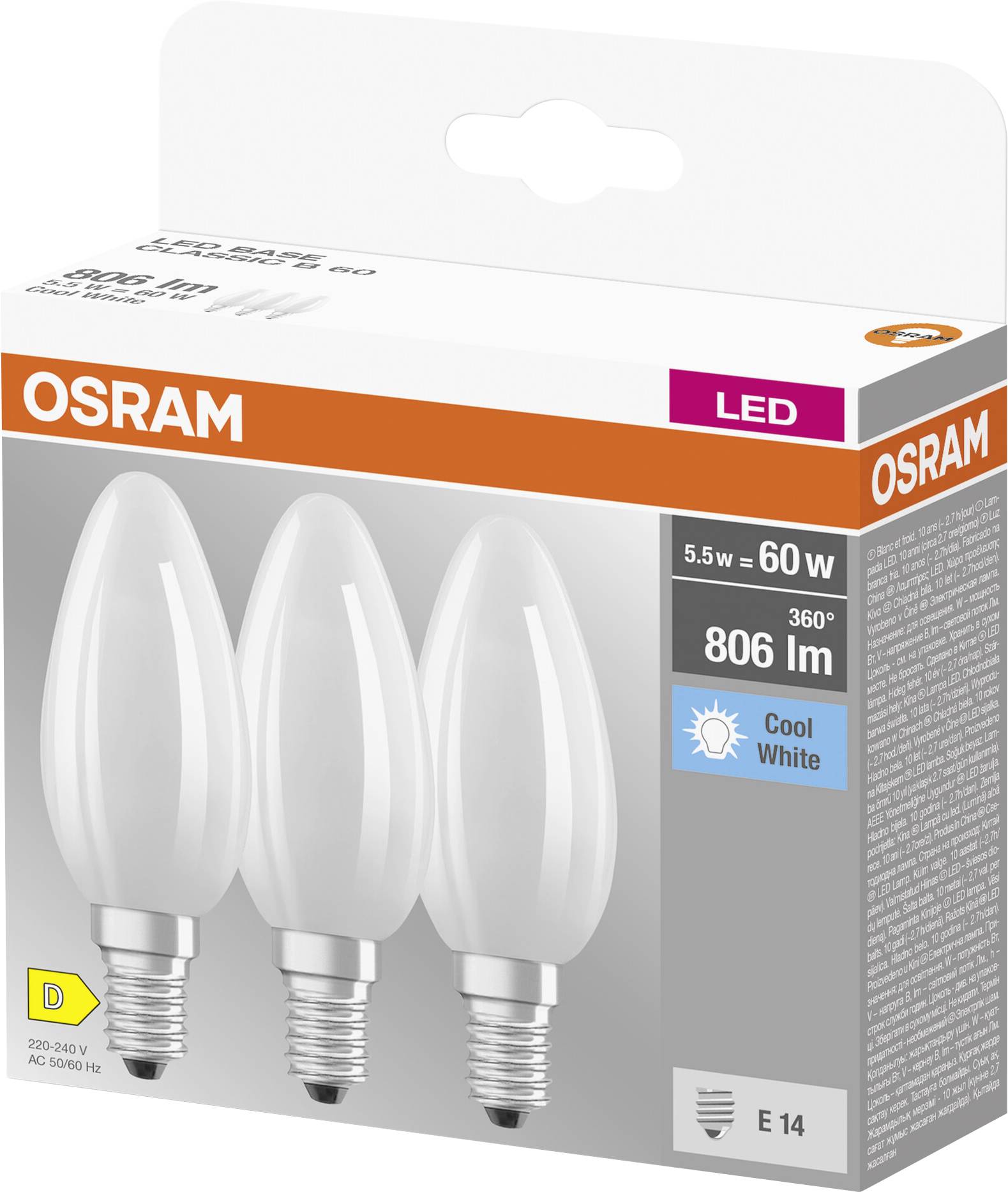 OSRAM HOMELIGHTING 4058075592575 LED EEK D (A - G) E14 Kerzenform 5.5W = 60W Kaltweiß (Ø x L) 35mm x 100mm 3St.