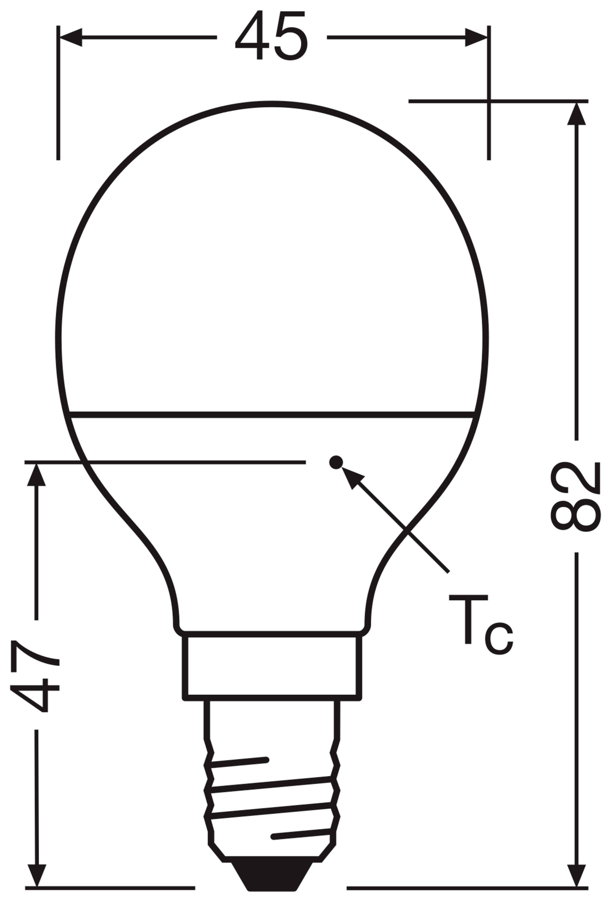 Zeichnung einer Glühbirne mit E14-Sockel. Gesamtlänge 82 mm, Breite 45 mm. Markierung 'Tc' zeigt die thermische Grenze an.