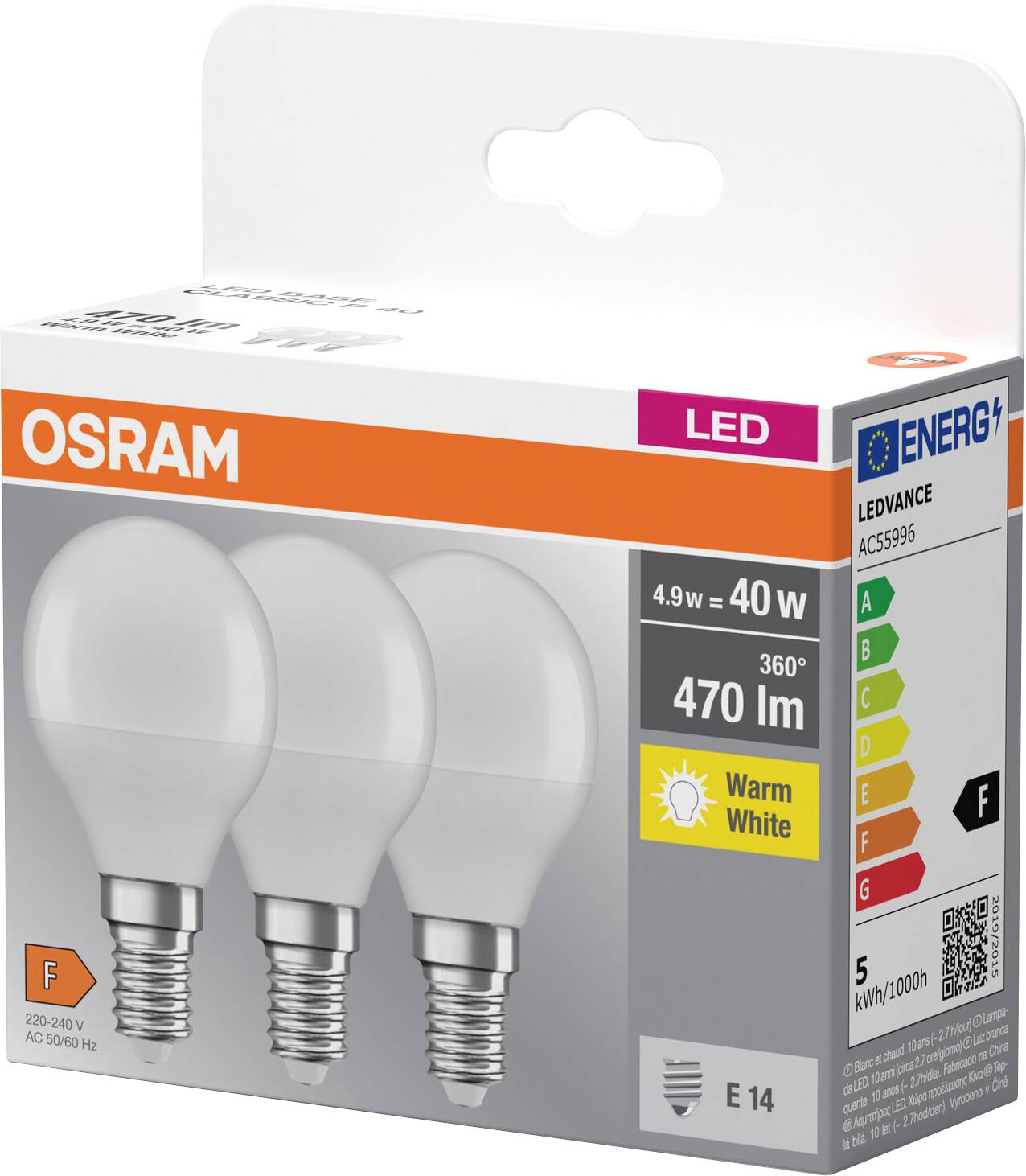 LED-Lampen-Verpackung mit 3 warmweißen Osram-LEDs, E14-Sockel, 470 Lumen, 40W-Äquivalent, Energieklasse F.