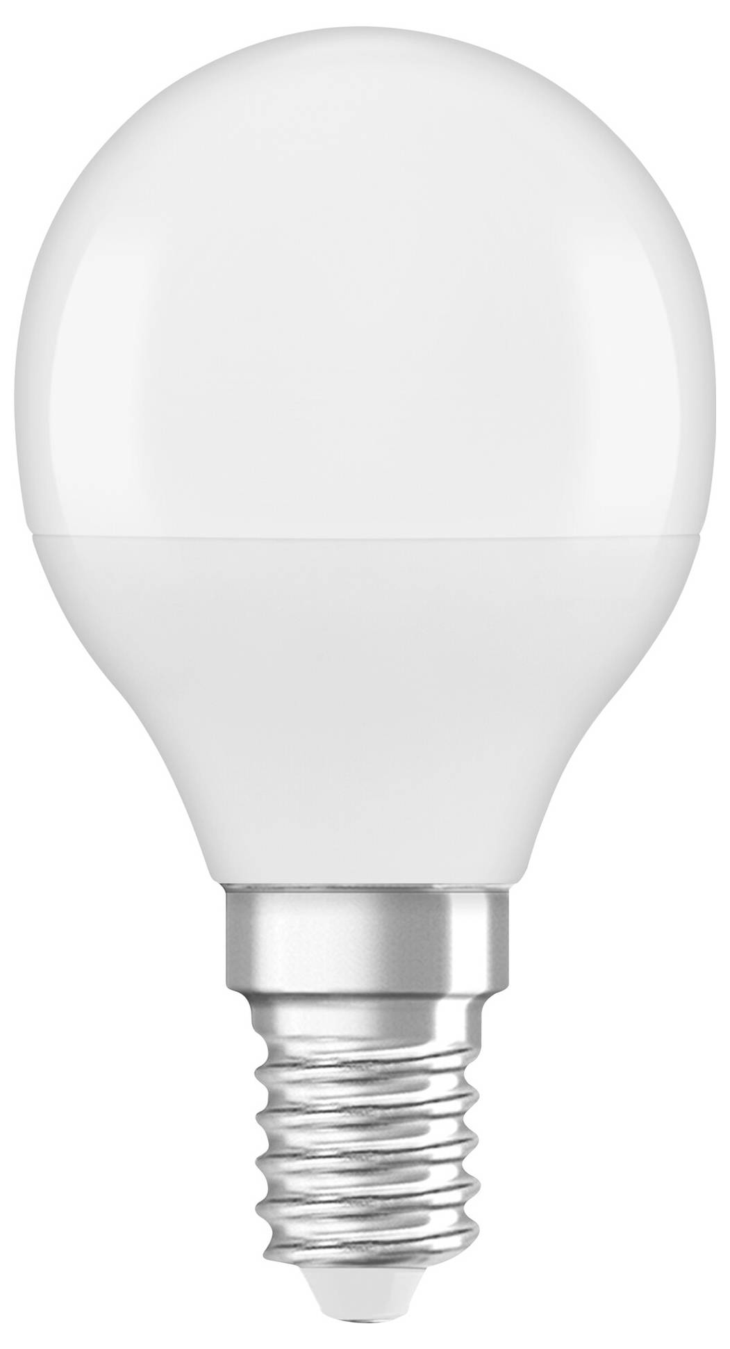 Weiße LED-Glühbirne mit silbernem Sockel, geeignet für E14-Fassung. Energieeffizientes, modernes Leuchtmittel.