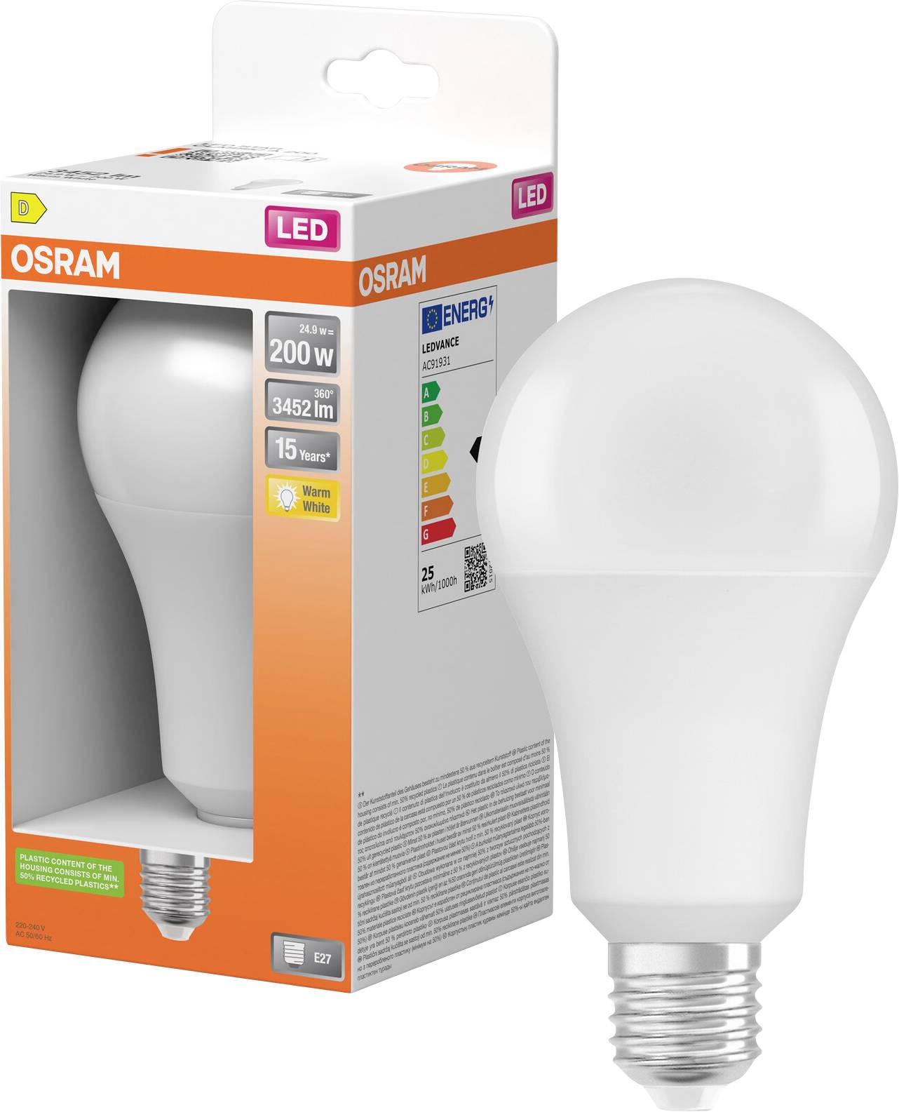 OSRAM LED-Glühbirne mit Verpackung, gekennzeichnet mit 200-W-Äquivalent, 3452 Lumen, 15 Jahre, Warmweiß und E27-Fassung.