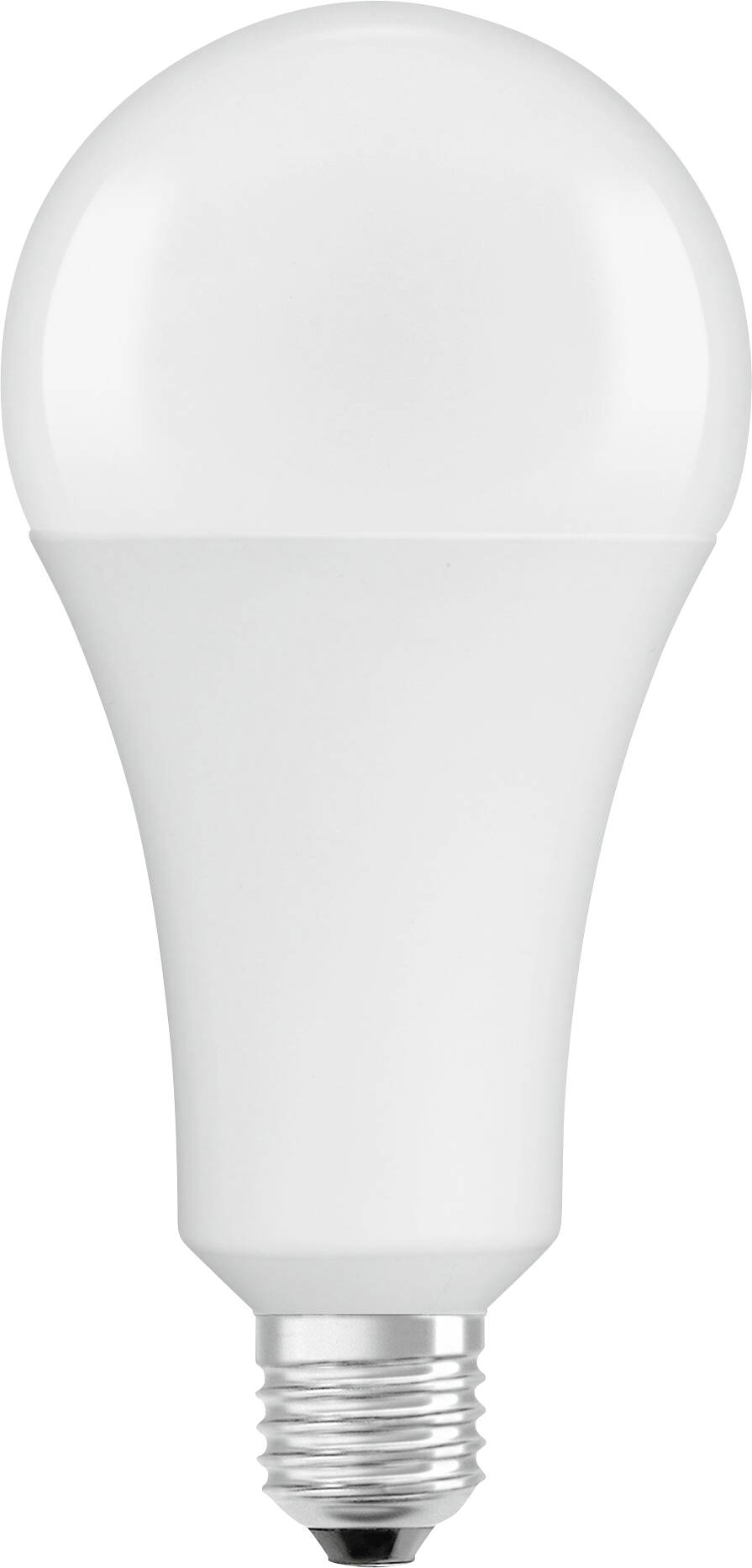 LED-Glühbirne mit weißem Gehäuse und E27-Schraubsockel, vertikal ausgerichtet vor weißem Hintergrund.