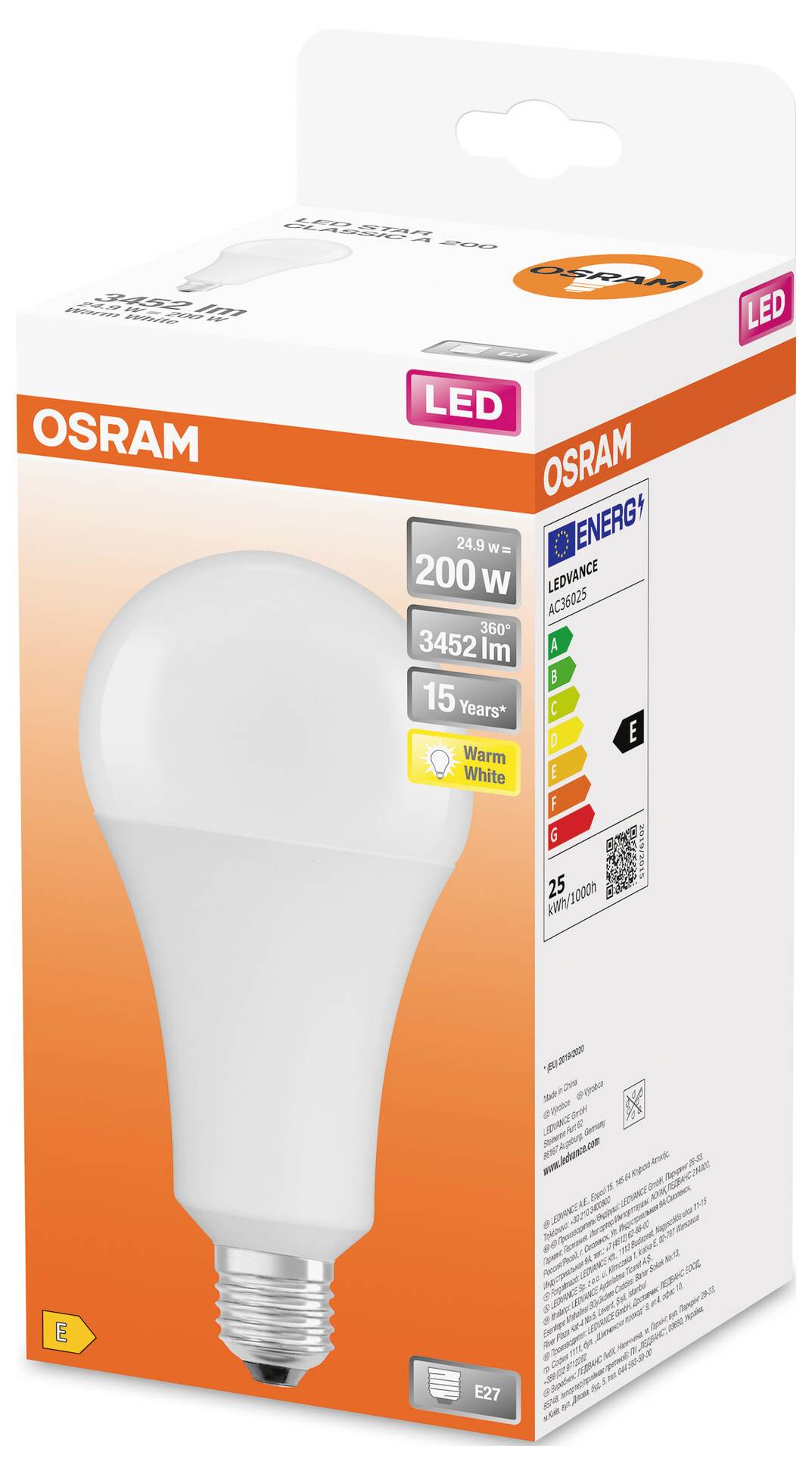 Schachtel einer OSRAM LED-Glühbirne mit E27-Sockel. 3452 Lumen, 15 Jahre Lebensdauer, 200 Watt Ersatz, Warmweiß, Energieeffizienzklasse E.