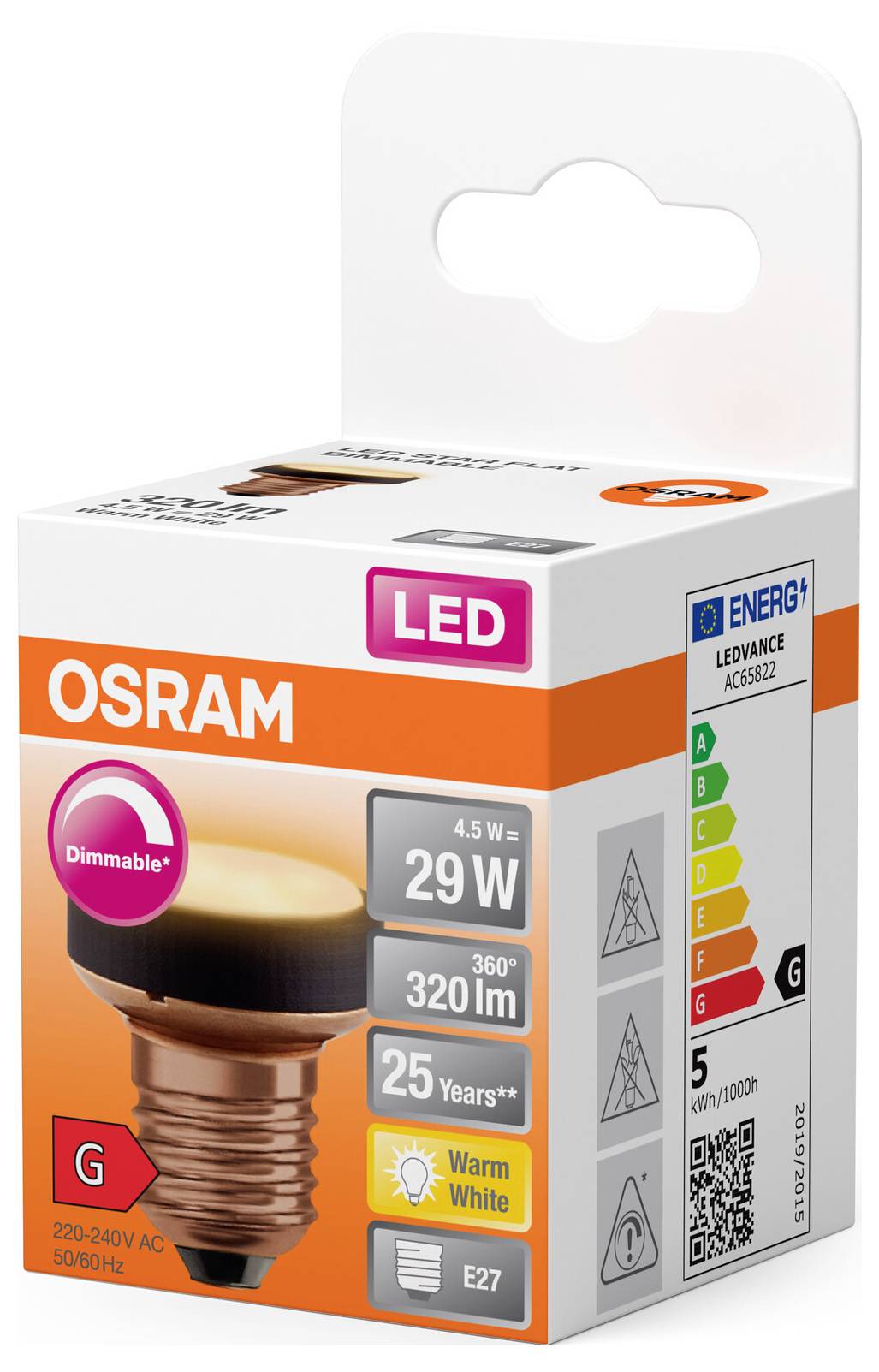 OSRAM HOMELIGHTING 4099854356926 LED EEK G (A - G) E27 4.5W = 29W Warmweiß (Ø x L) 43mm x 46mm 1St.