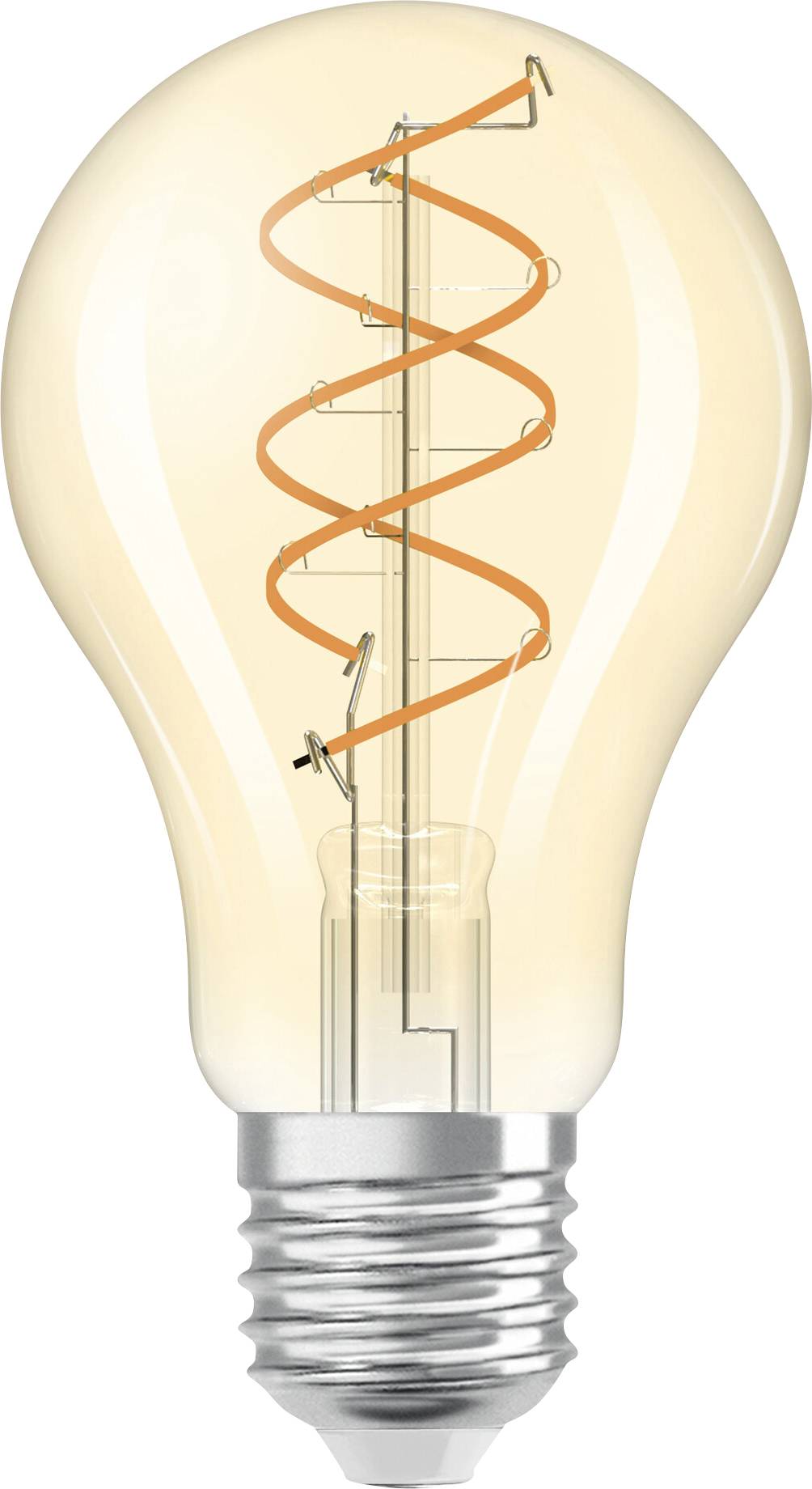 Glühbirne mit sichtbarer Spiral-Glühwendel, die warmes Licht ausstrahlt. Standard E27-Sockel, geeignet für allgemeine Beleuchtung.