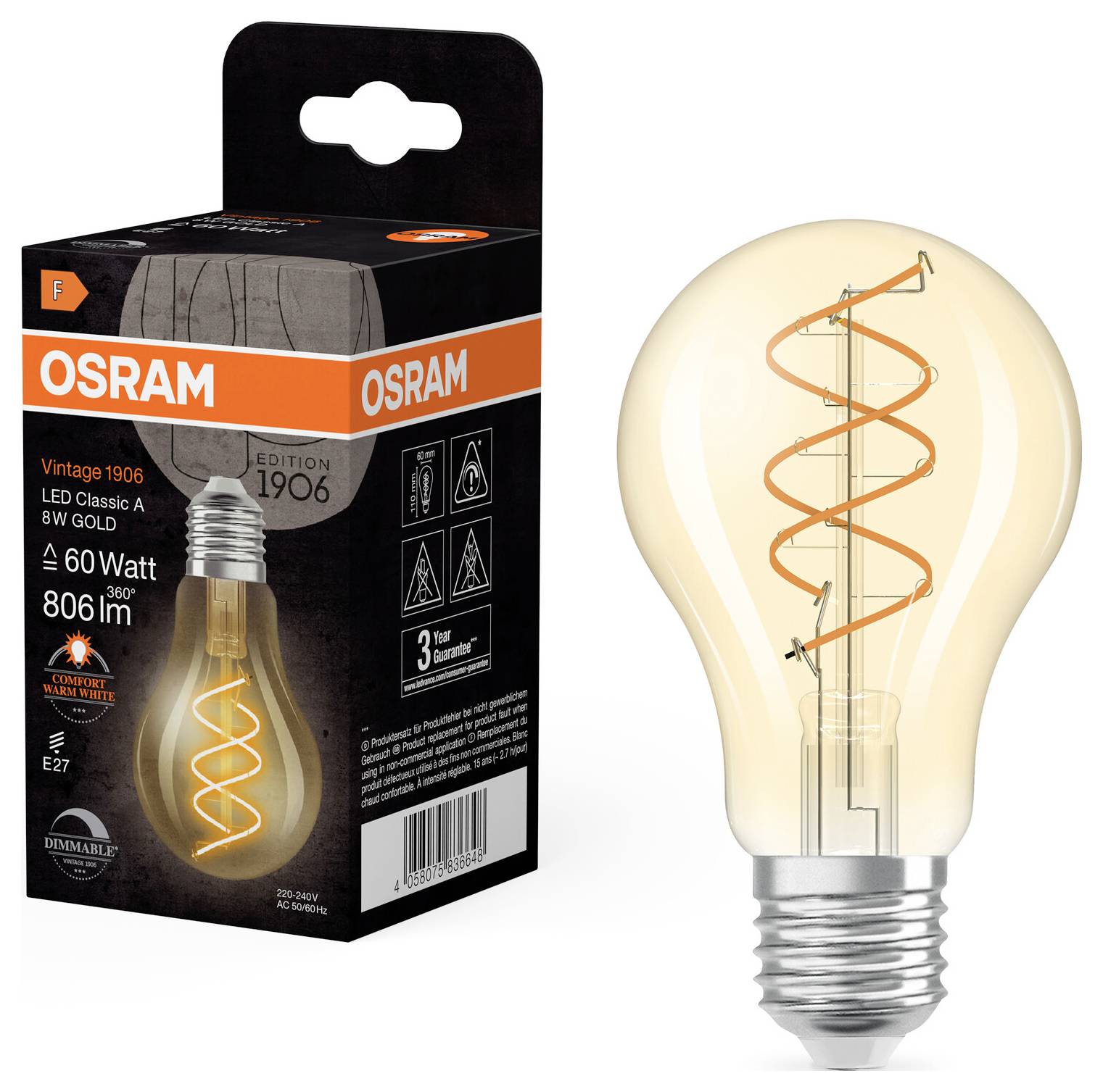 Eine LED-Glühbirne 'Osram Vintage 1906' neben ihrer Verpackung. Die Glühbirne hat 6W, 806 Lumen, E27-Sockel, dimmbar.
