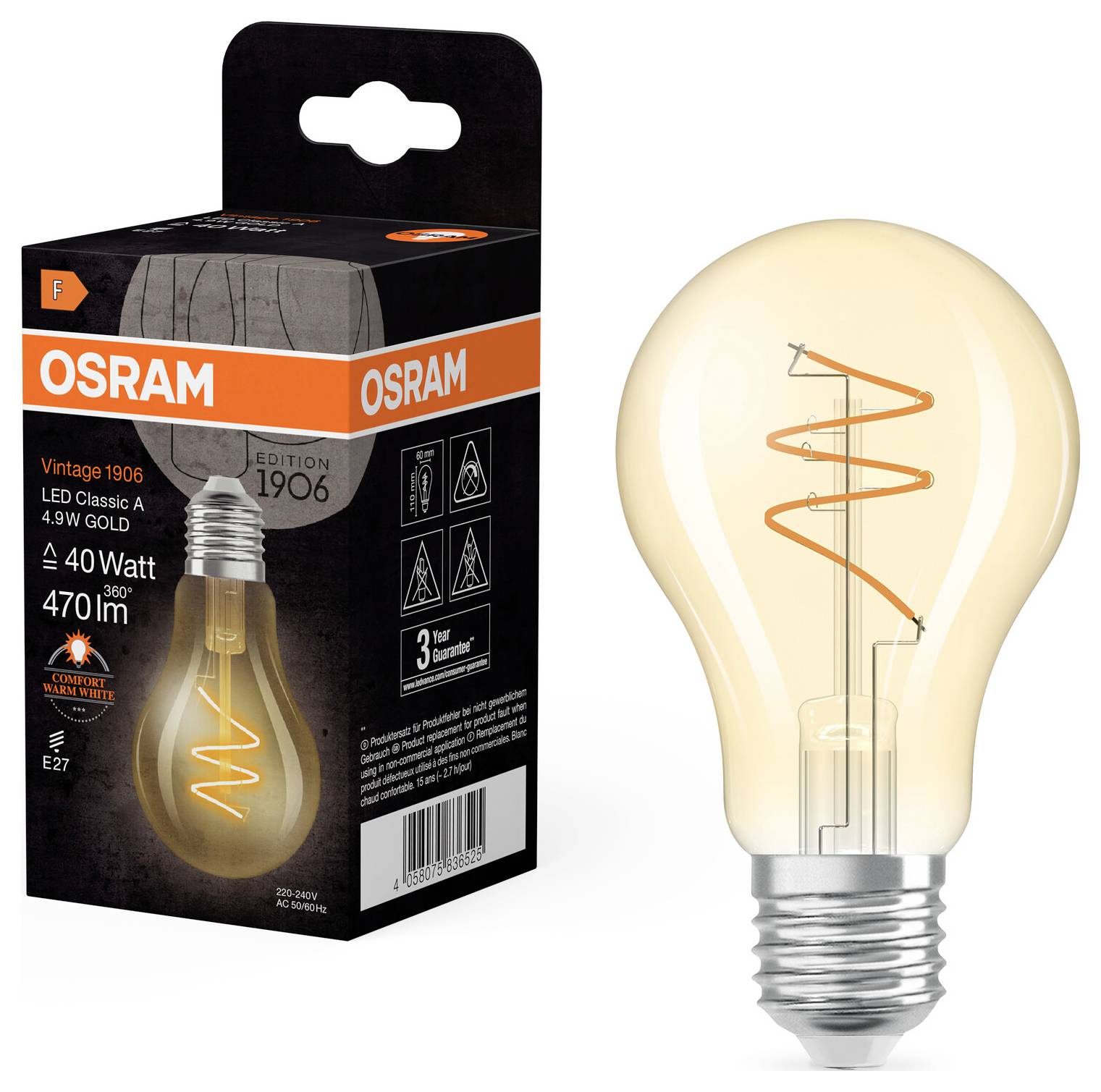 Eine Vintage-LED-Glühbirne der Marke Osram, 4,9W, 470 Lumen, ähnlich 40 Watt Glühlampe, E27-Sockel. Verpackung zeigt Design und technische Details.
