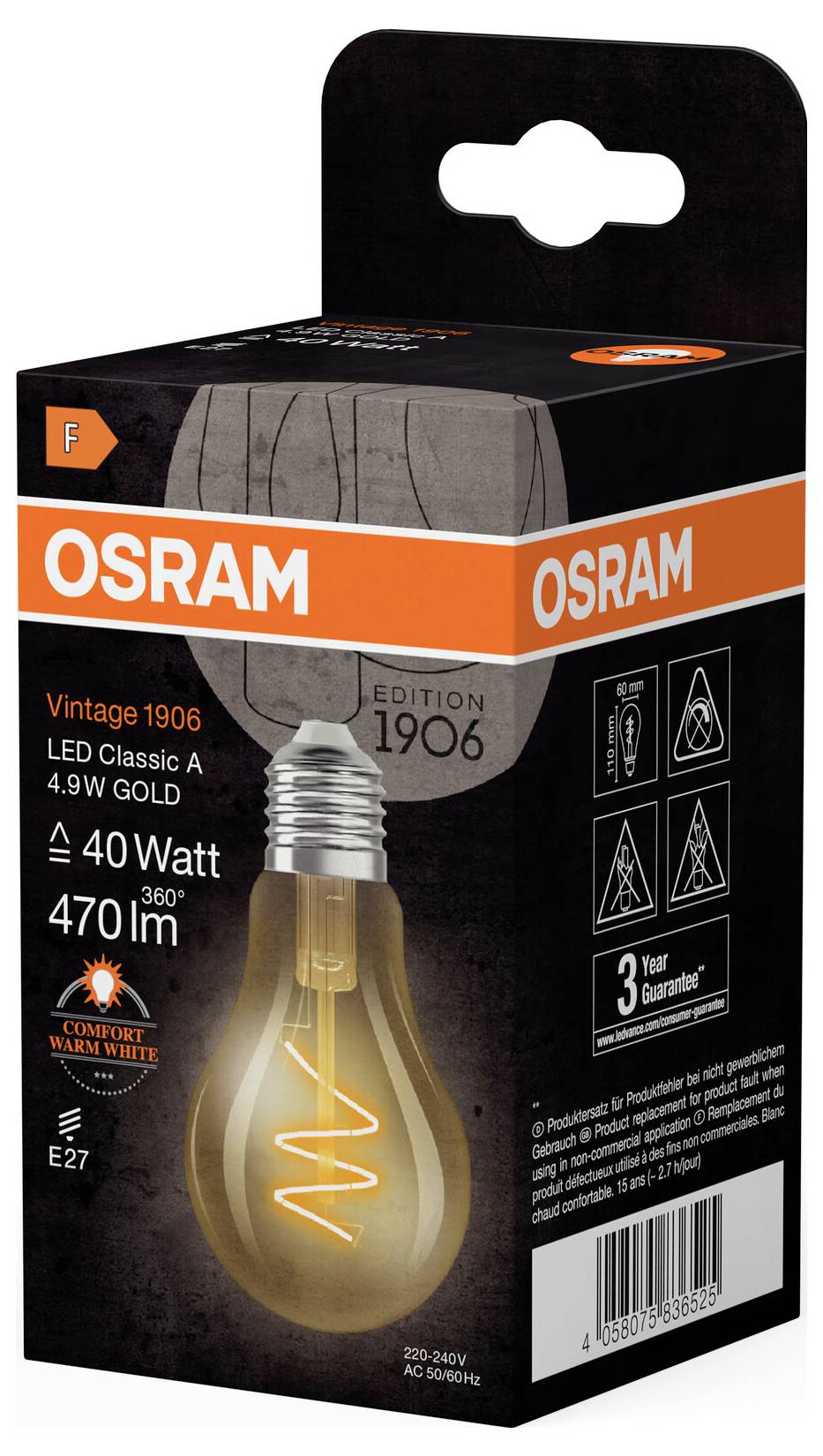 Eine schwarze Verpackung einer OSRAM Vintage 1906 Glühbirne. 'LED Classic A, 4.9W Gold', '40 Watt', '470 lm', mit Markenlogo.