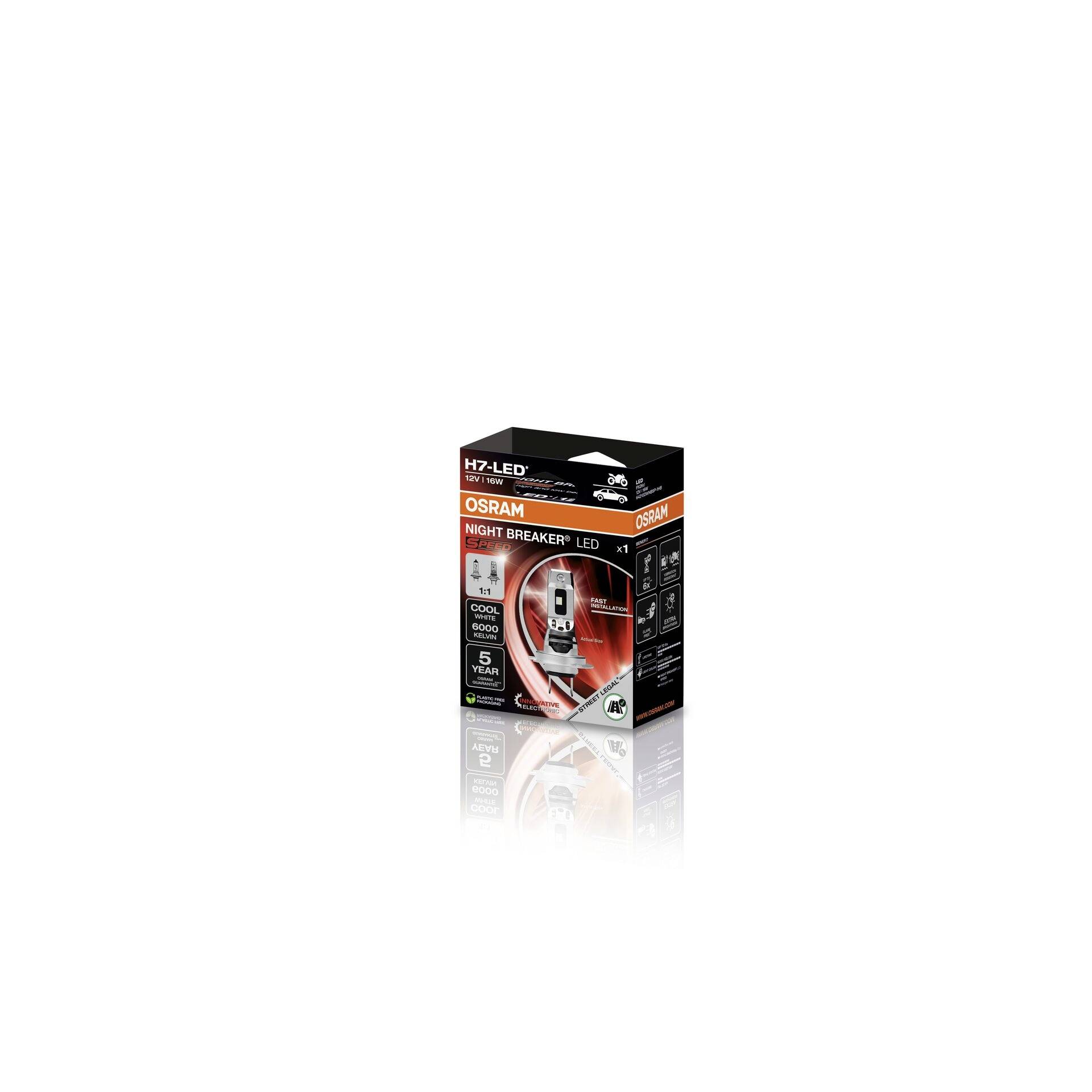 Eine Verpackung der 'Osram Night Breaker LED H7', ein LED-Scheinwerferlicht, das Helligkeit und Sicht verbessert. Geeignet für Autos.