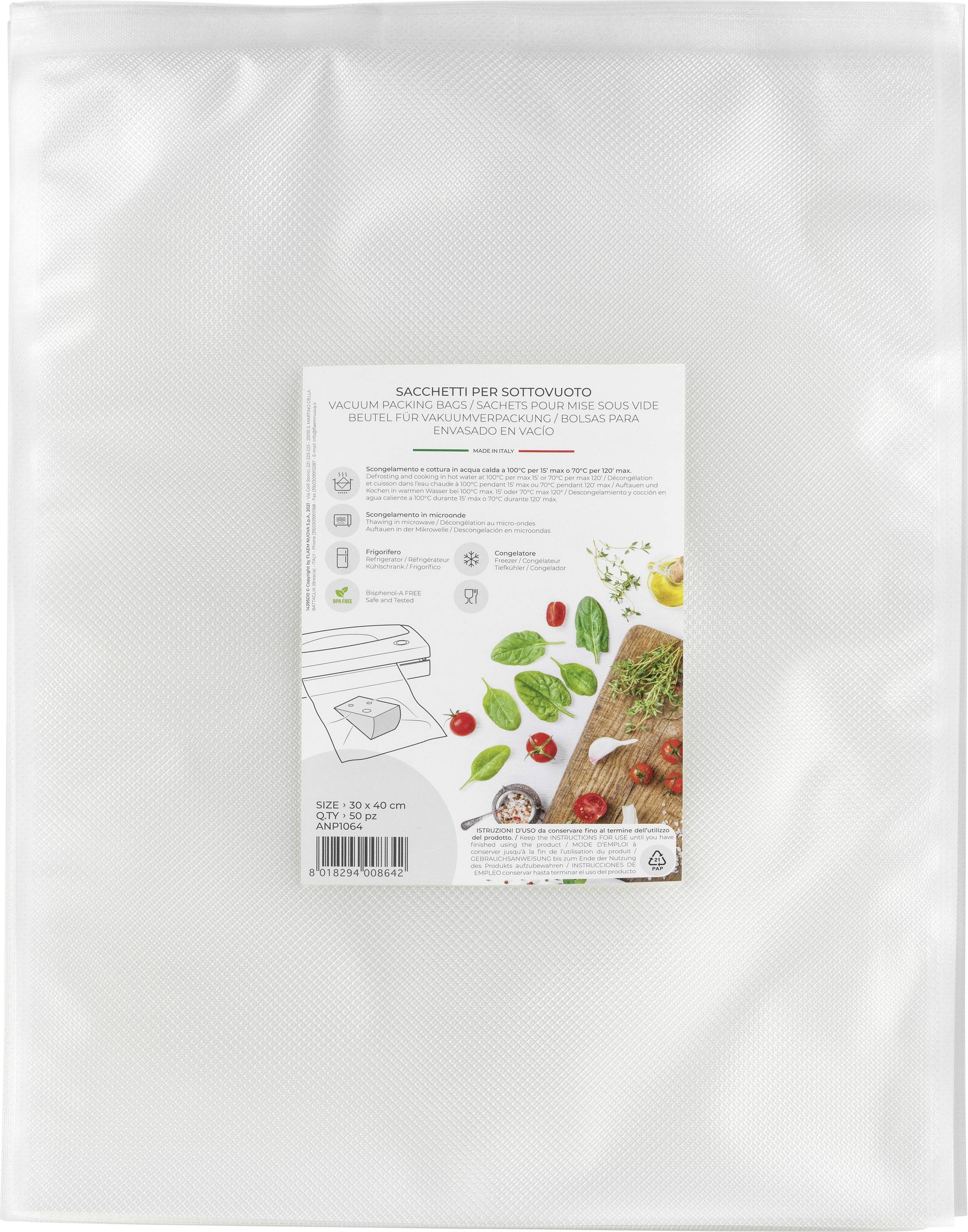 Vakuumbeutelpackung mit Anweisungen und Bildern von Tomaten und Basilikum. Ideal zum Vakuumverpacken von Lebensmitteln.