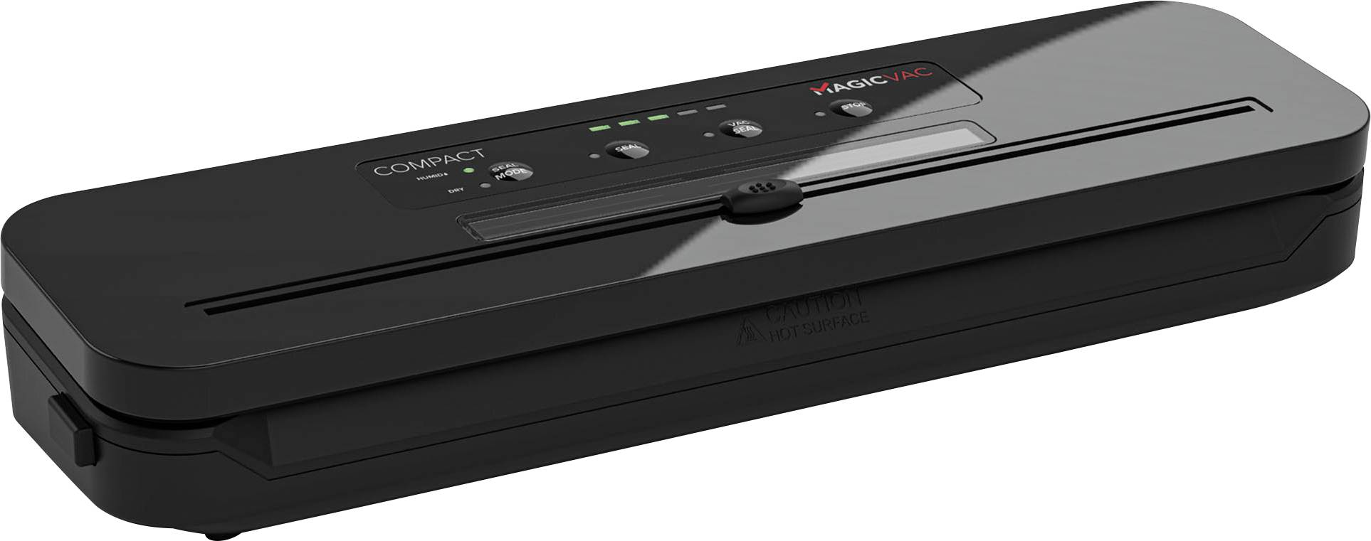 Schwarzes, kompaktes Vakuumiergerät mit LED-Anzeigen und Bedientasten auf der Oberseite, zur luftdichten Lebensmittelaufbewahrung.