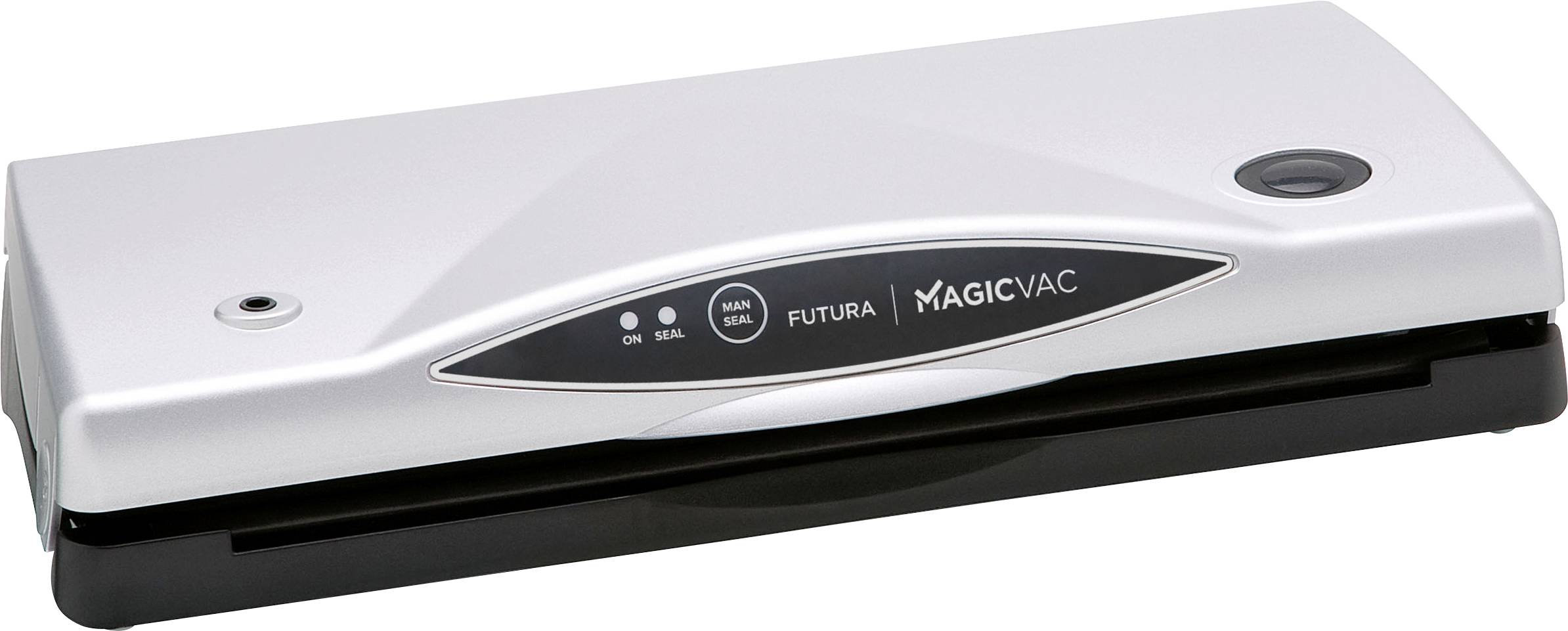 Ein silbernes Vakuumiergerät mit schwarzer Basis. Die Bedienelemente befinden sich oben, im Zentrum befindet sich die Aufschrift 'MagicVac Futura'.