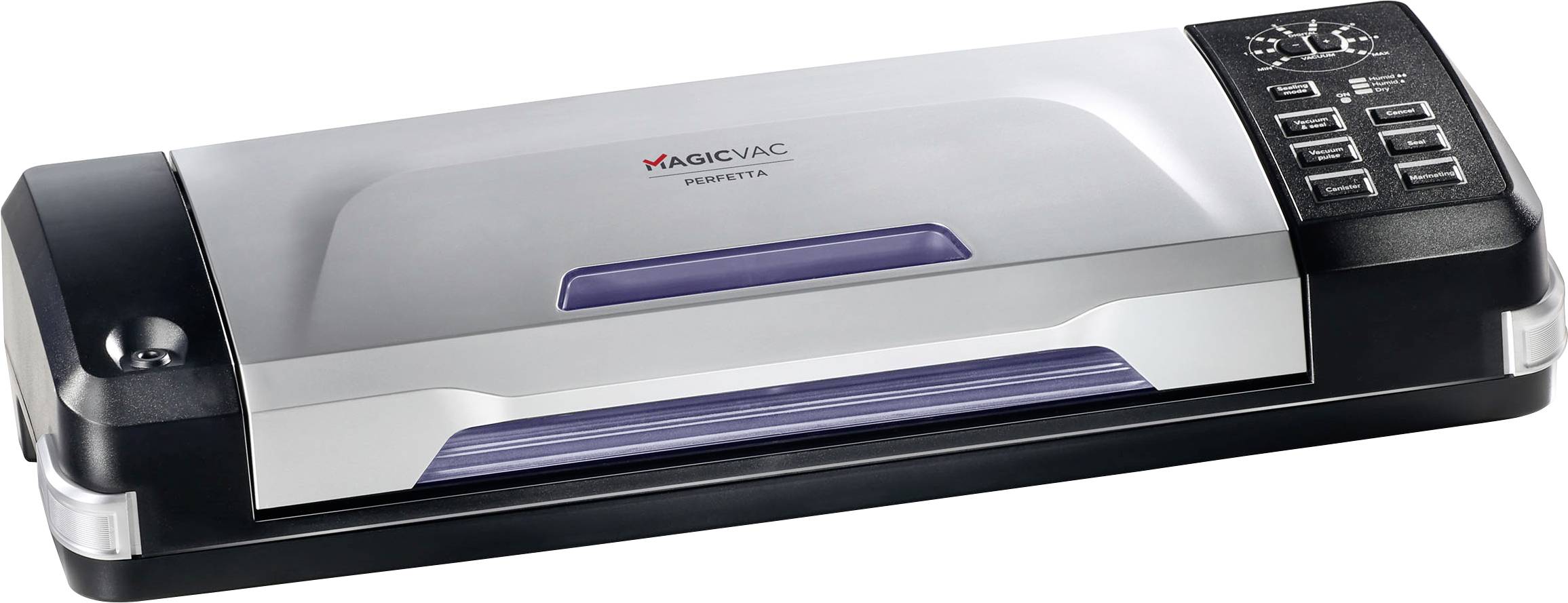 Vakuumiergerät mit silber-schwarzem Gehäuse und Bedienfeld mit fünf Tasten rechts, geeignet zum Versiegeln von Lebensmitteln.