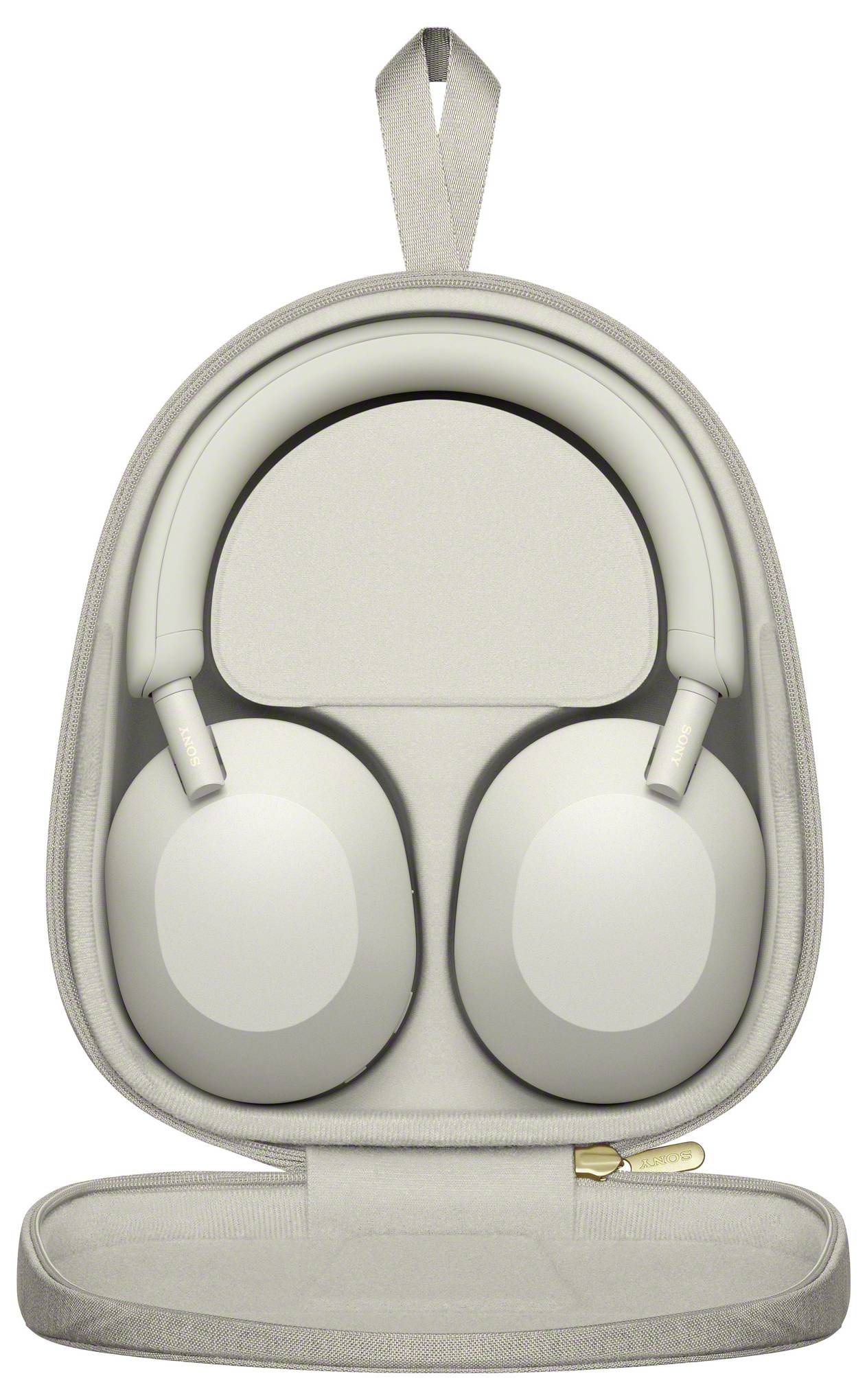 Grauer Kopfhörer in einem passenden, offenen Etui mit Reißverschluss. Das Etui hat eine Stofflasche oben zum Tragen.