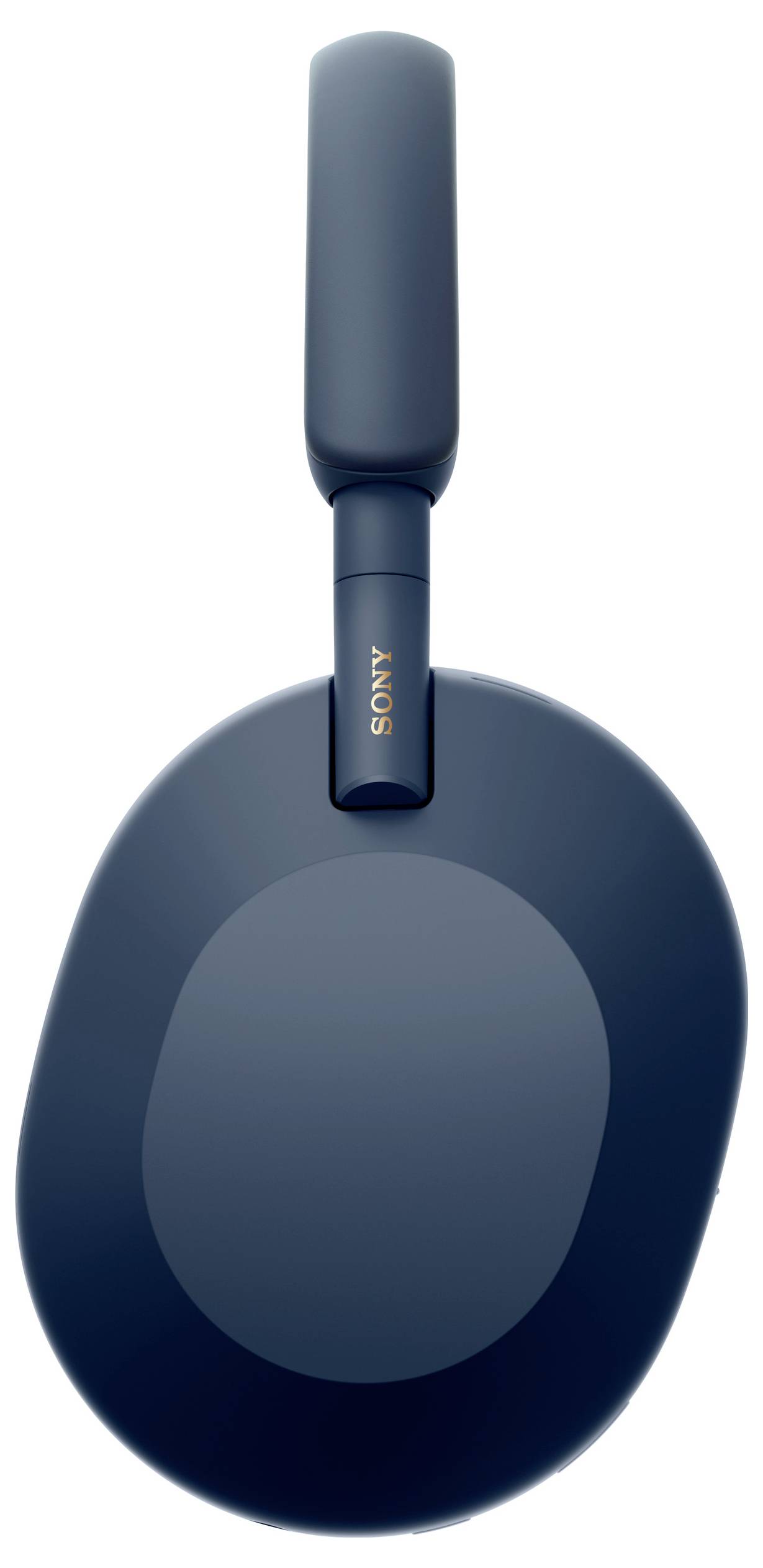 Blaues, ohrumschließendes, kabelloses Sony-Kopfhörer von oben gesehen. Elegant und minimalistisch.