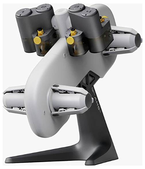 Ein Hightech-Gerät mit mehreren Zylindern und Düsen auf einem stabilen Standfuß, vermutlich ein roboterähnliches Modul für technische Anwendungen.