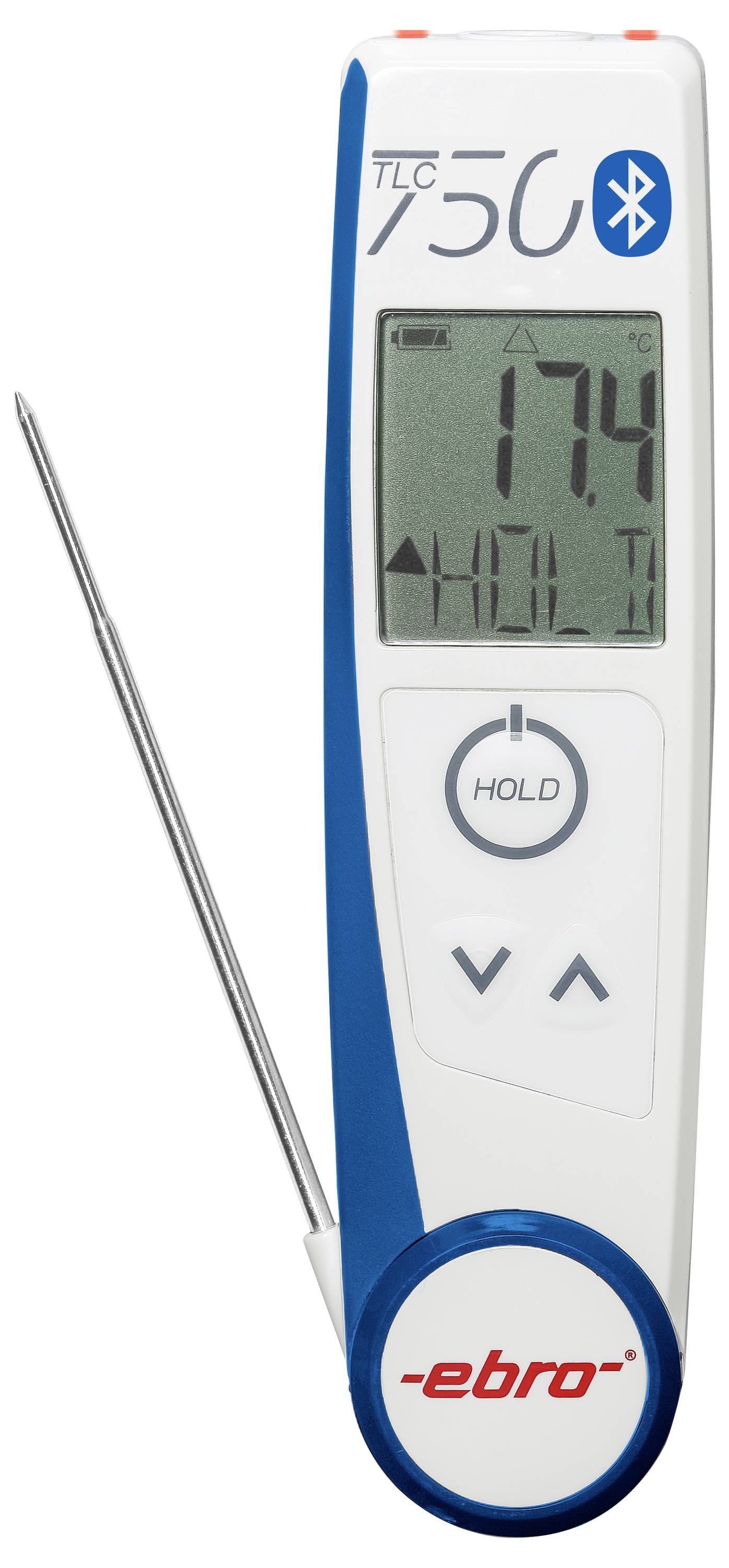 Digitales Thermometer mit Sonde, zeigt eine Temperatur von 17,4°C an, Bluetooth-fähig, geeignet für präzise Messungen.