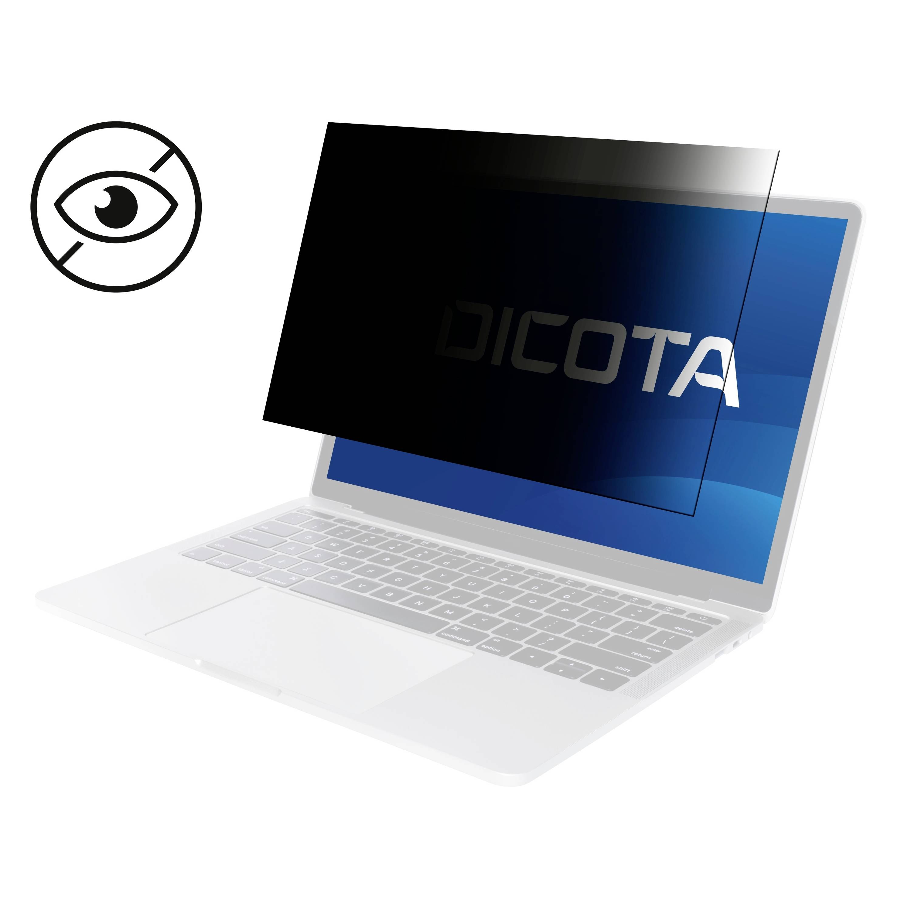 Ein Laptop mit einem Sichtschutzfilter auf dem Bildschirm, der das Logo 'DICOTA' anzeigt. Ein Auge-Symbol zeigt den Sichtschutz-Effekt an.