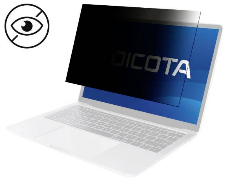Ein Laptop mit einem Blickschutzfilter auf dem Bildschirm, der den Bildschirminhalt verdeckt, um die Privatsphäre zu schützen.