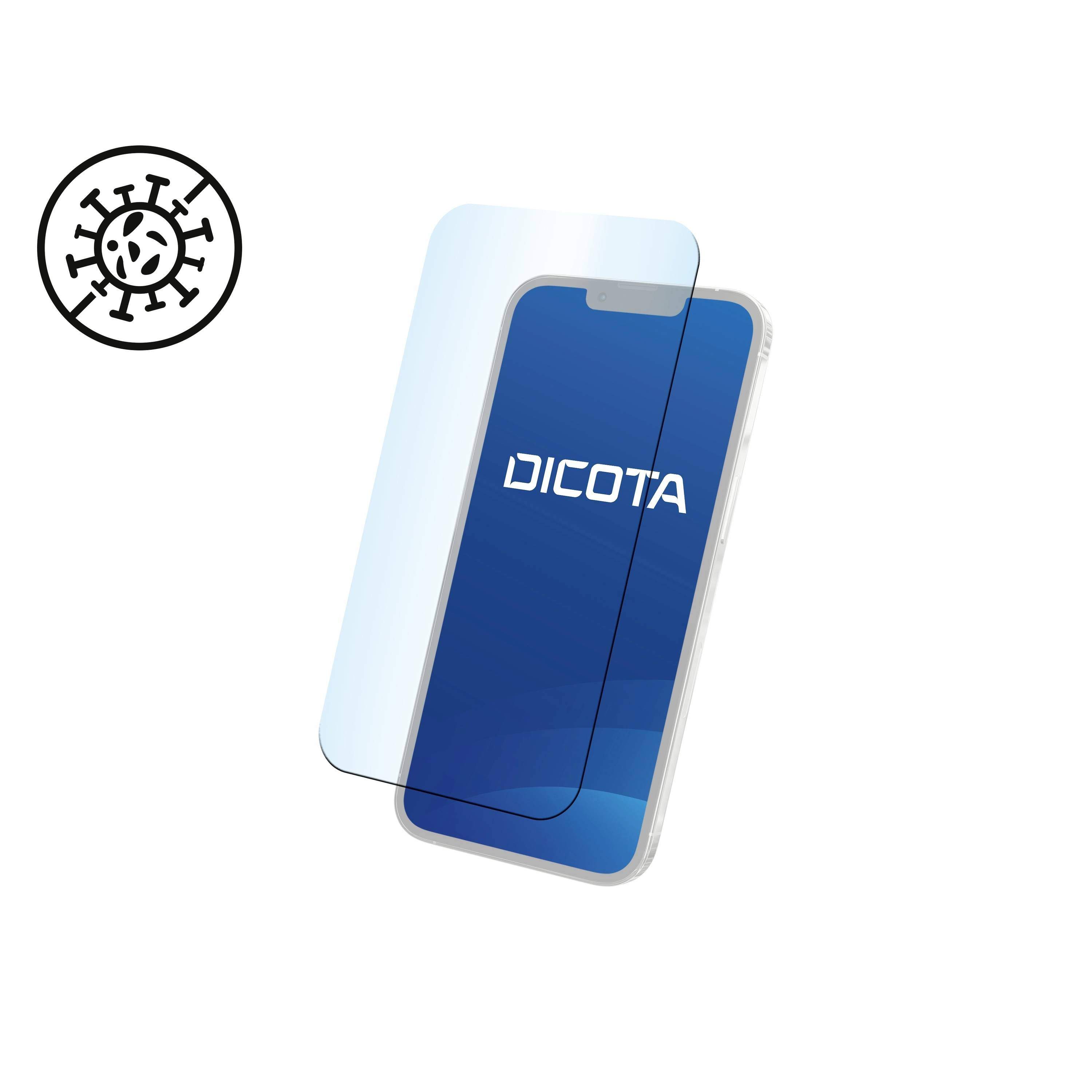 Ein Smartphone mit einer Displayschutzfolie, die antibakterielle Eigenschaften hat. Links ist ein Symbol für antimikrobielle Wirksamkeit.