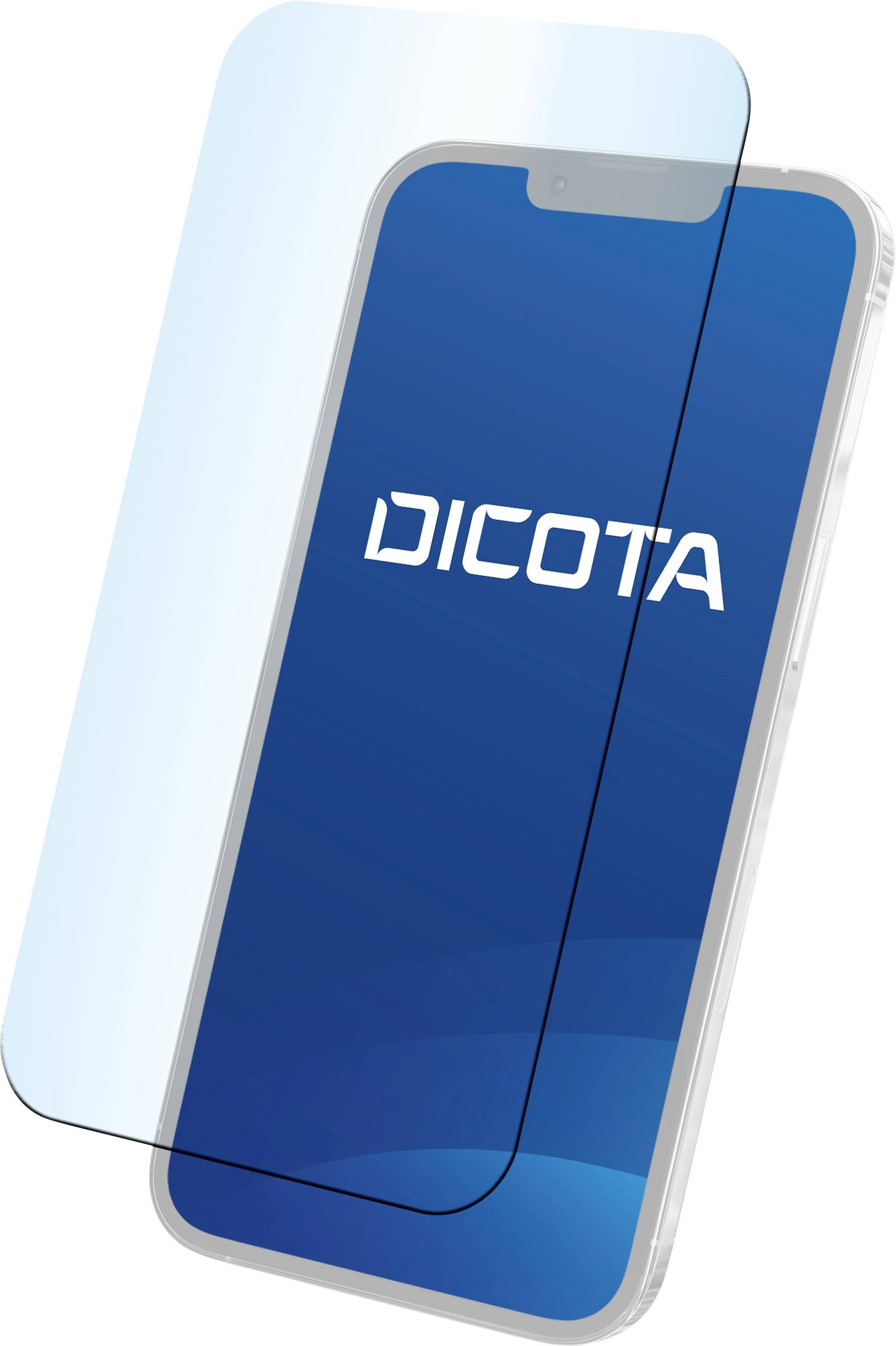 Smartphone mit DICOTA-Logo auf dem Bildschirm, teilweise von einer Displayschutzfolie bedeckt.