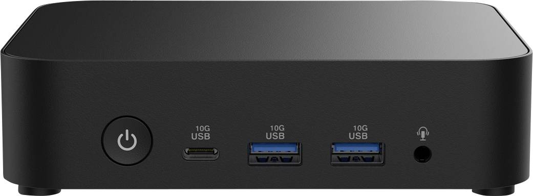 Kompakte schwarze Dockingstation mit Ein-/Ausschalter, einem USB-C-Anschluss, zwei USB 3.0-Anschlüssen und Kopfhörerbuchse an der Vorderseite.