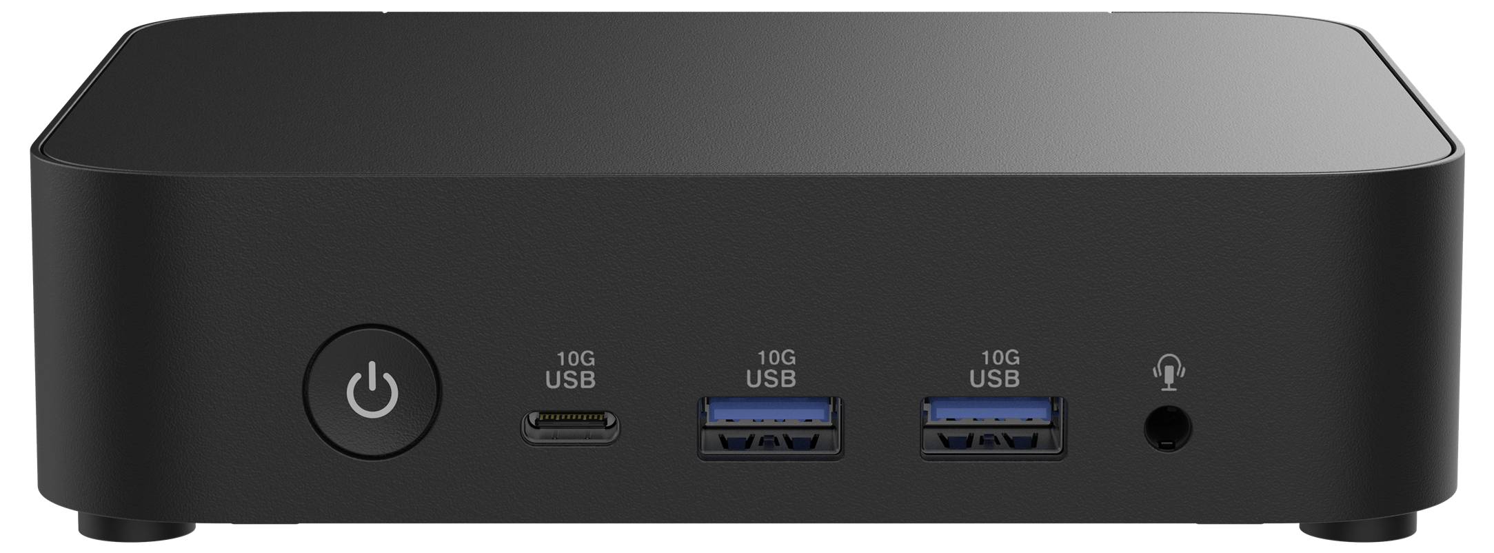 Schwarze Computer-Dockingstation mit einem Netzschalter, zwei 10G-USB-Anschlüssen links und rechts, zwei blauen 10G-USB-Anschlüssen und einem Kopfhöreranschluss.